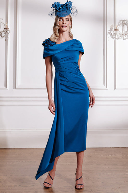 John Charles London Draped Midi Dress With Floral Cut Work - Teal - 29291
