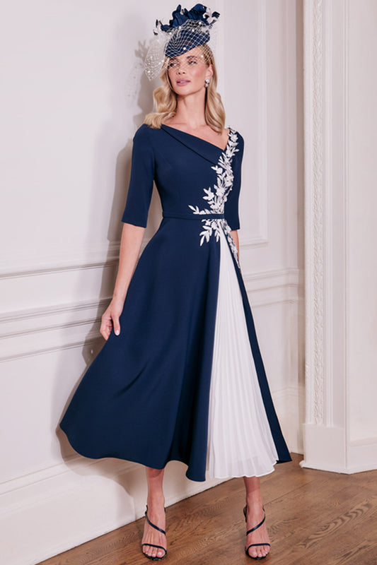 John Charles London Floral Applique A-line Dress - Navy/Ivory - 66688