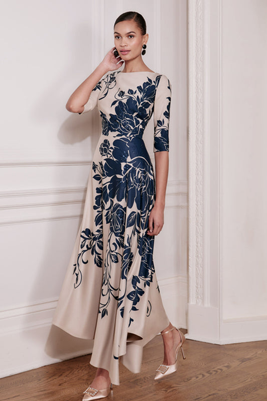 John Charles London Floral Placement Print A-Line Dress - Oyster/Navy - 66672