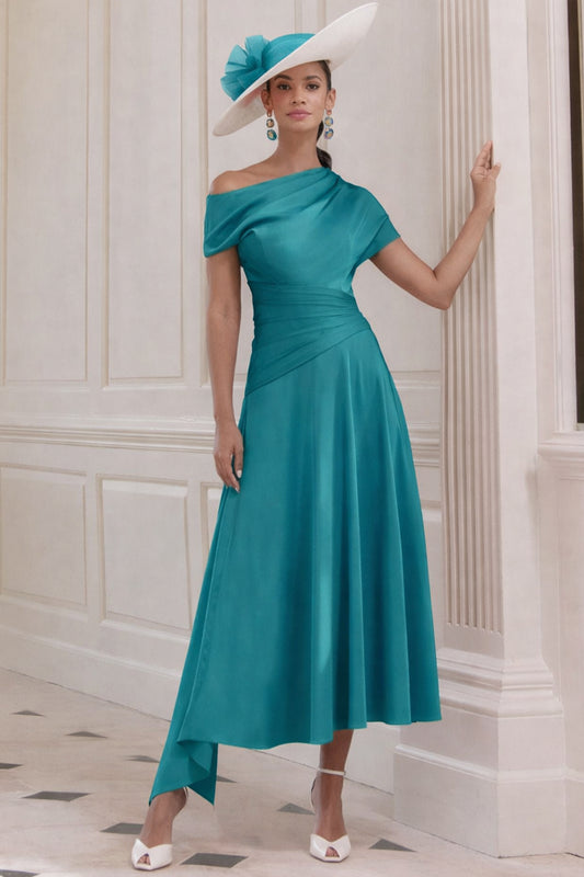 John Charles Asymmetrical Dipped Dress With Ruching Peacock 66769