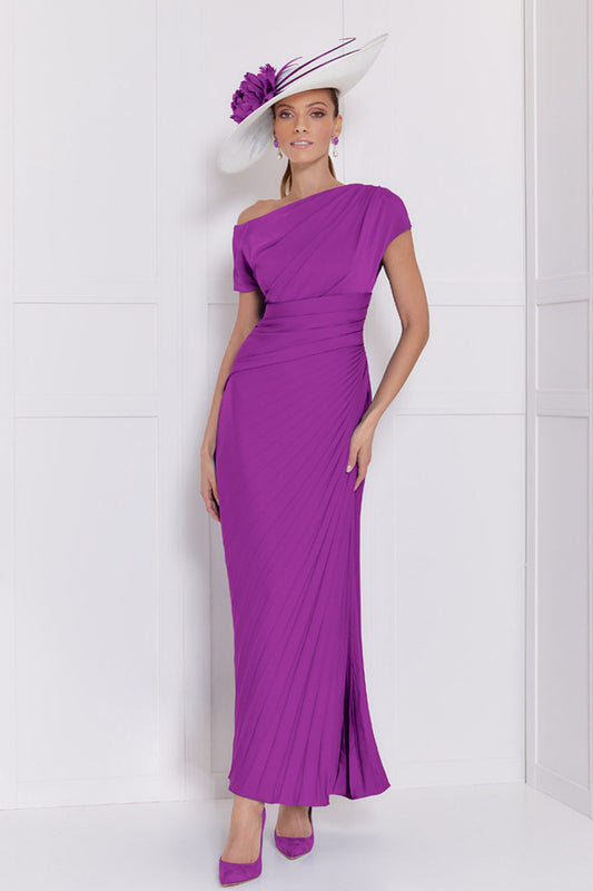 John Charles London Longline Plissé Fluted Dress - Violet - 66558