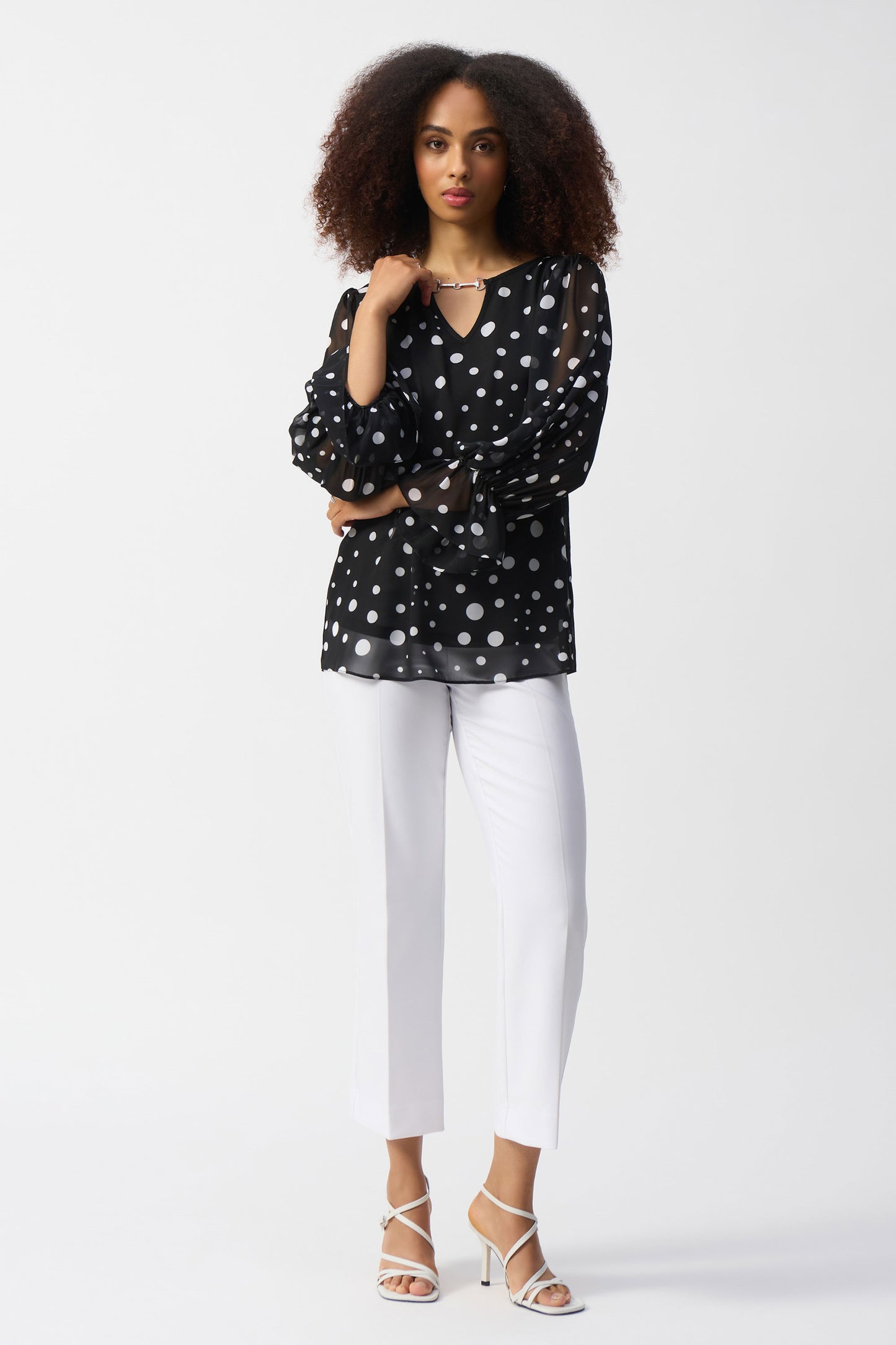 Joseph Ribkoff Chiffon Dot Print Boxy Top Black/Vanilla 251277-110