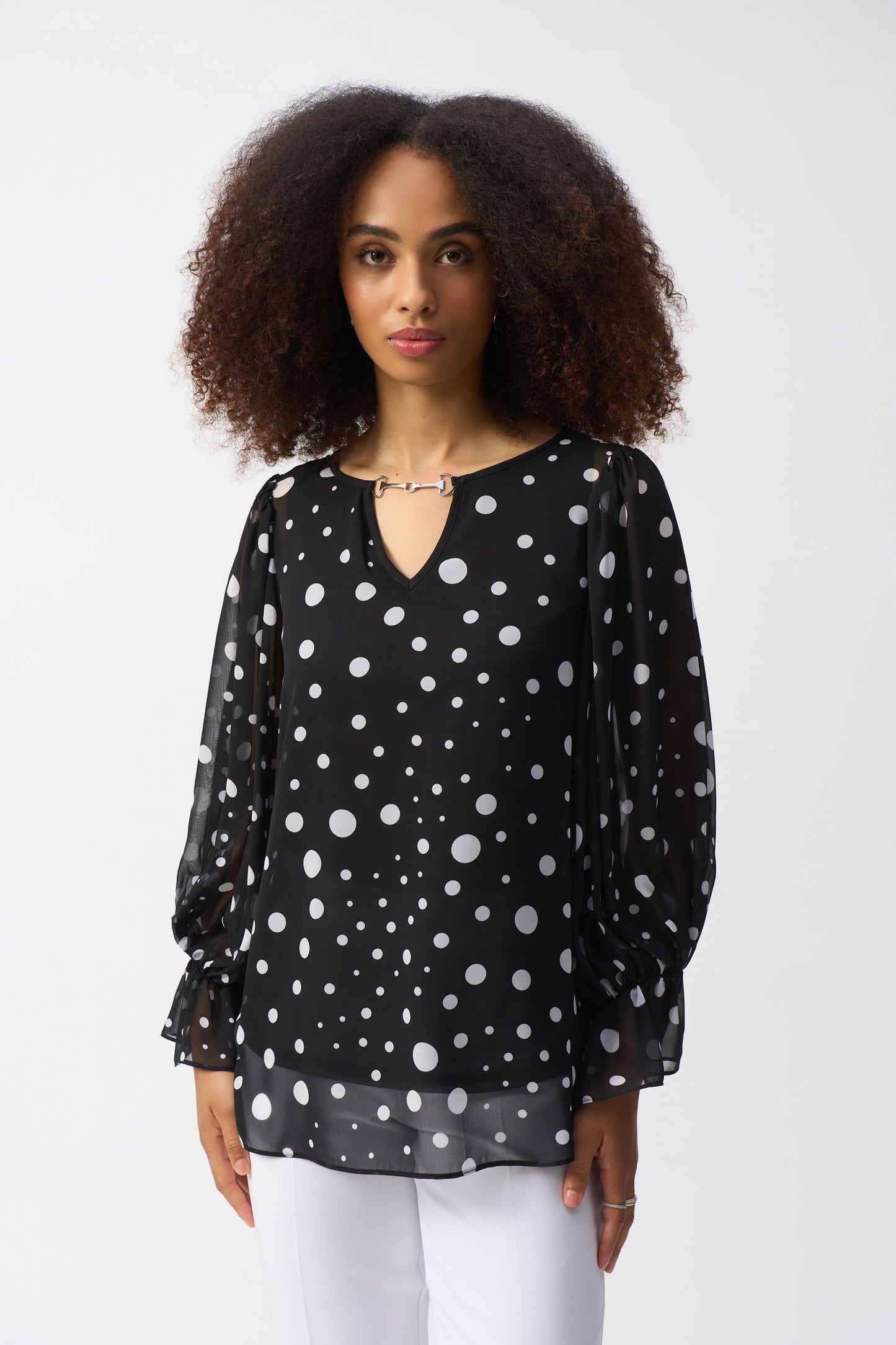 Joseph Ribkoff Chiffon Dot Print Boxy Top Black/Vanilla 251277-110