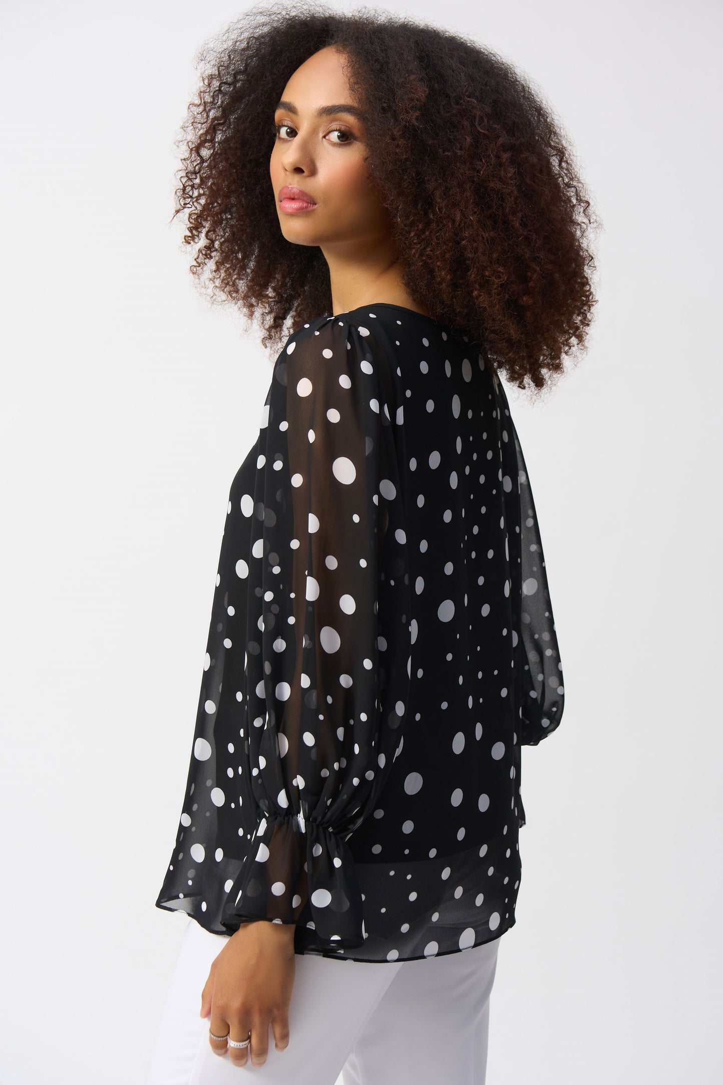 Joseph Ribkoff Chiffon Dot Print Boxy Top Black/Vanilla 251277-110