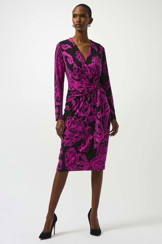Joseph Ribkoff Silky Knit Paisley Print Wrap Dress Black/Cosmos 253282-4439
