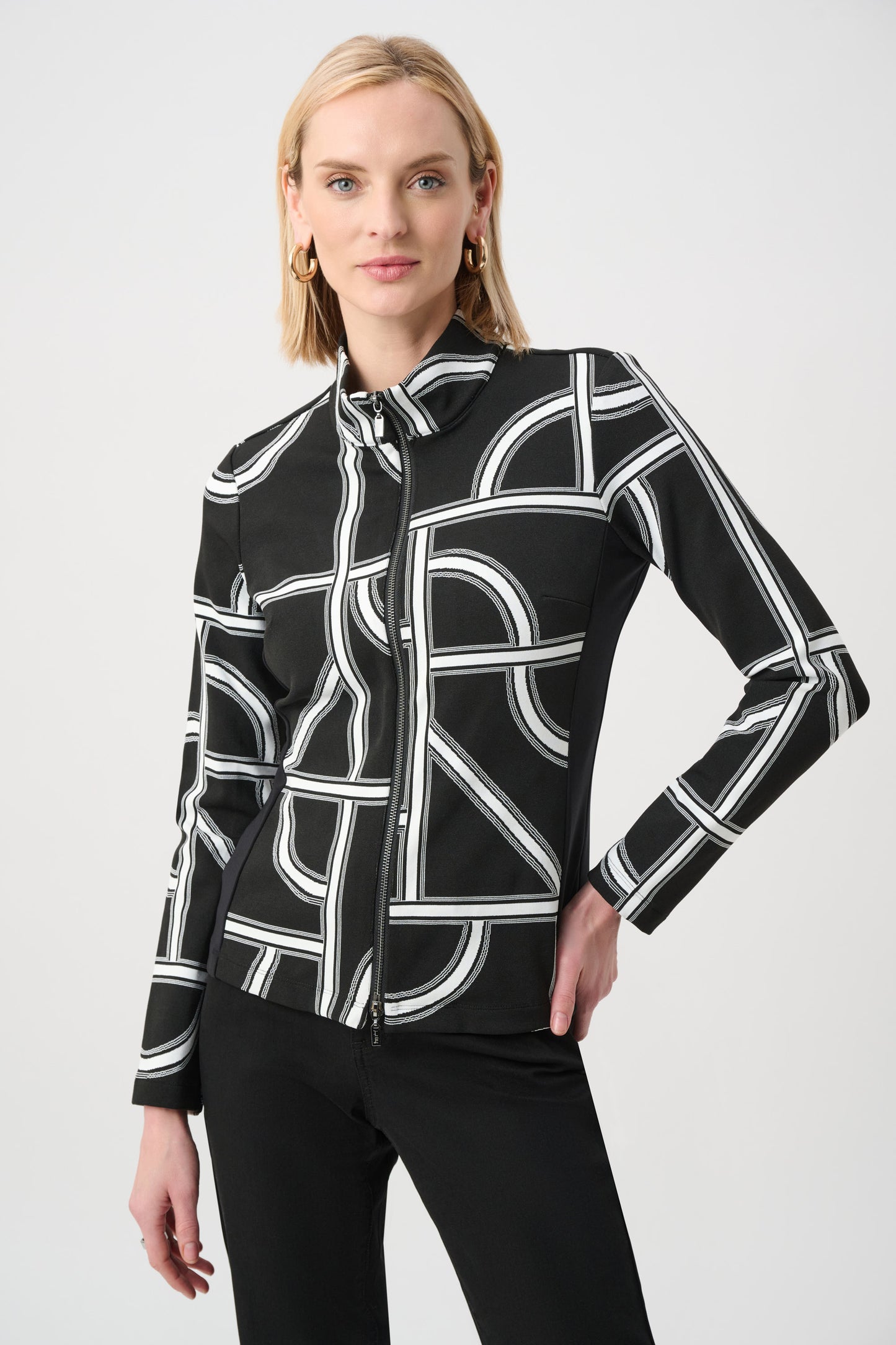 Joseph Ribkoff Jacquard Knit Geometric Fitted Jacket Black/Off-White 263055