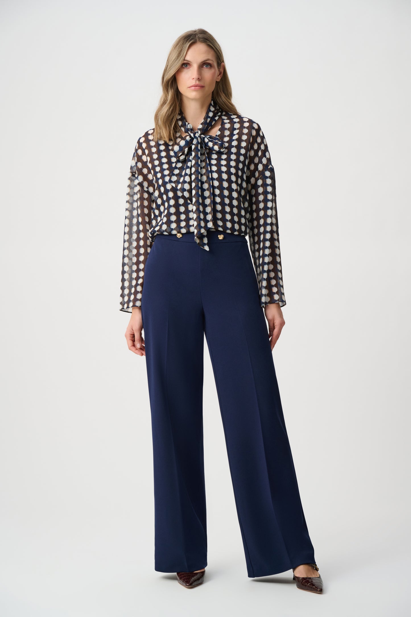 Joseph Ribkoff Chiffon Geometric-Print Tie-Neck Blouse Brown Multi 263102