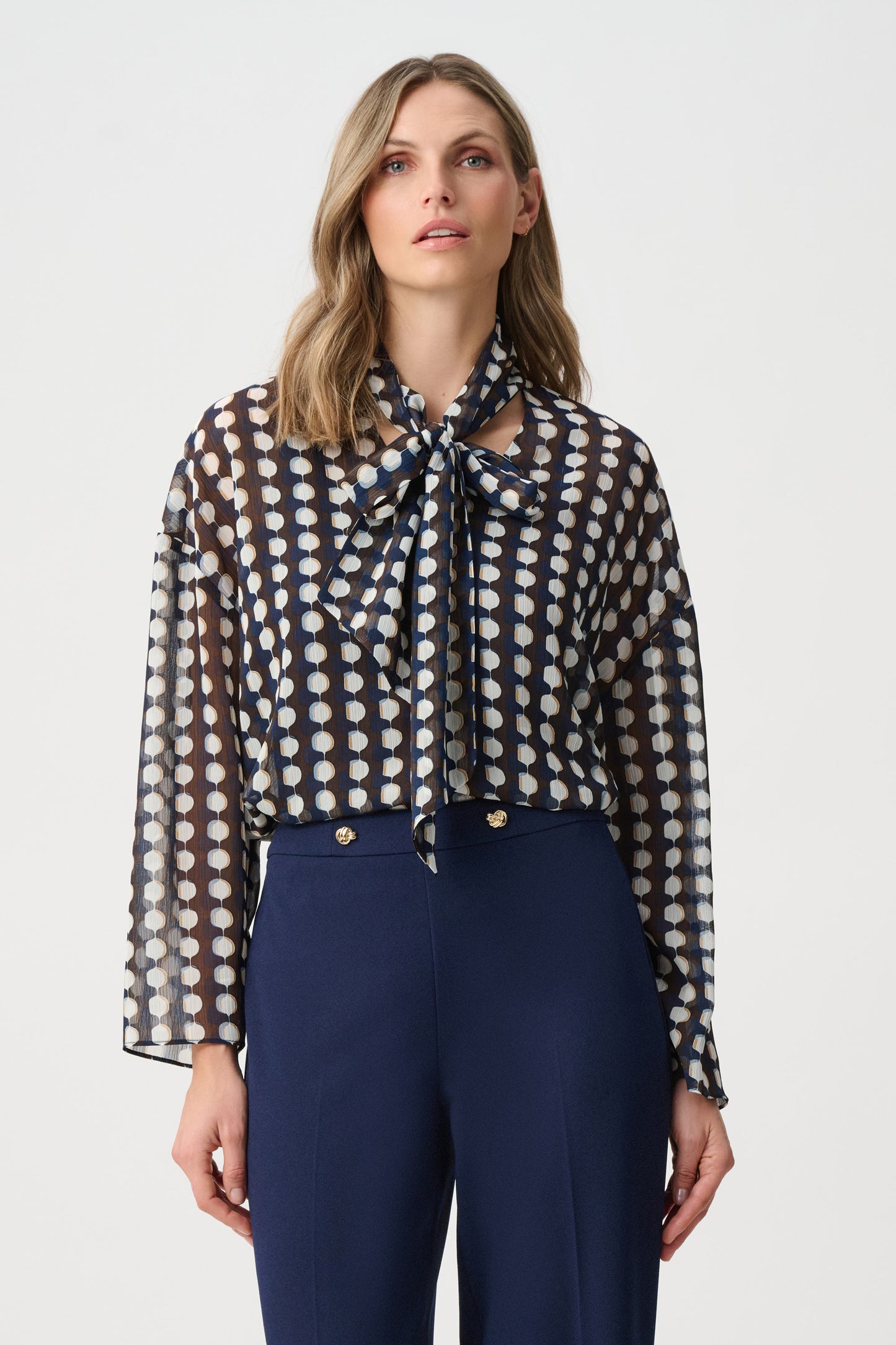 Joseph Ribkoff Chiffon Geometric-Print Tie-Neck Blouse Brown Multi 263102