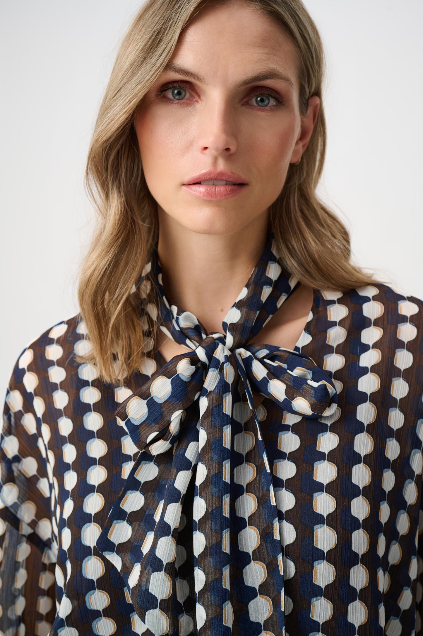 Joseph Ribkoff Chiffon Geometric-Print Tie-Neck Blouse Brown Multi 263102