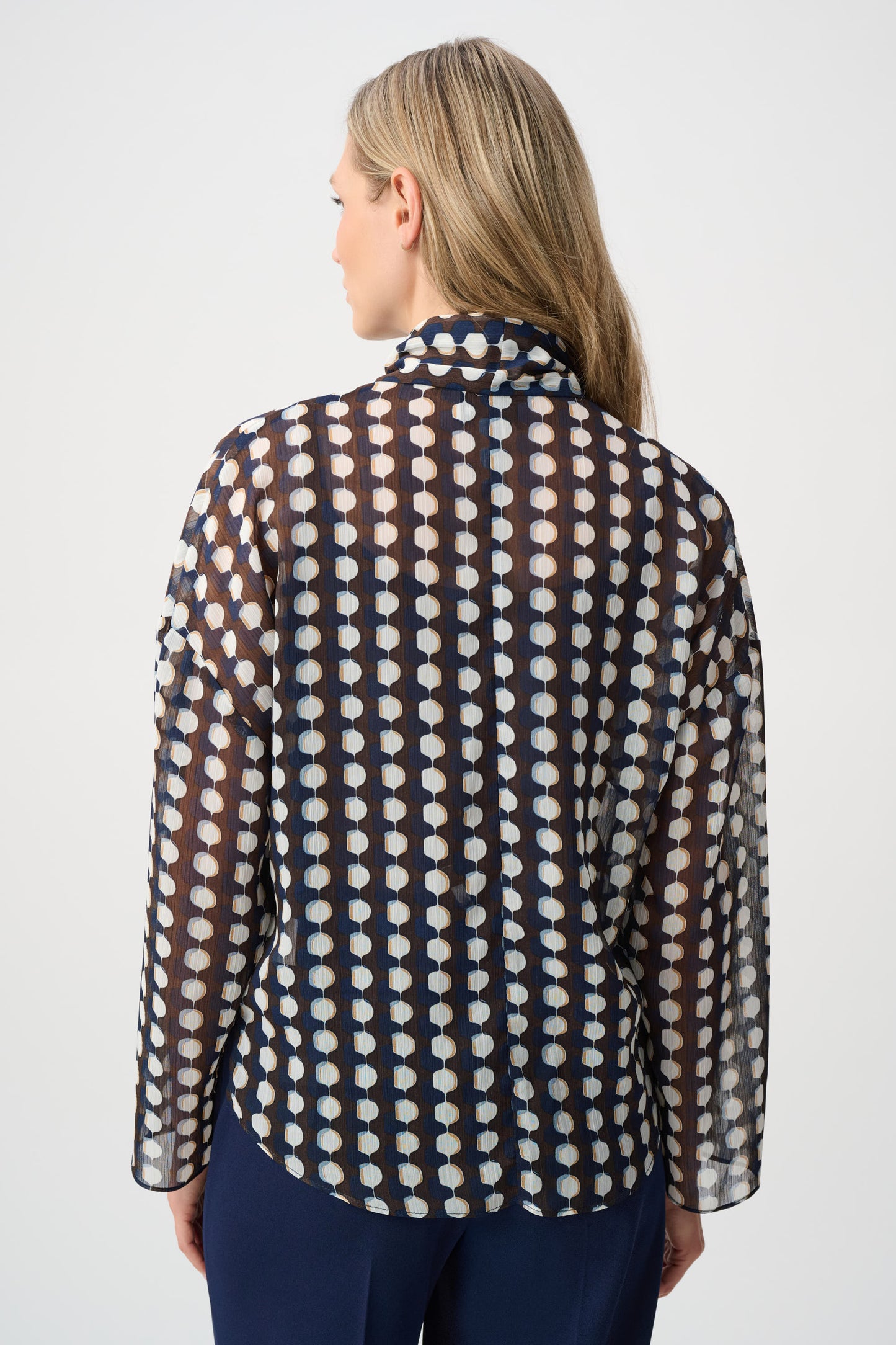 Joseph Ribkoff Chiffon Geometric-Print Tie-Neck Blouse Brown Multi 263102