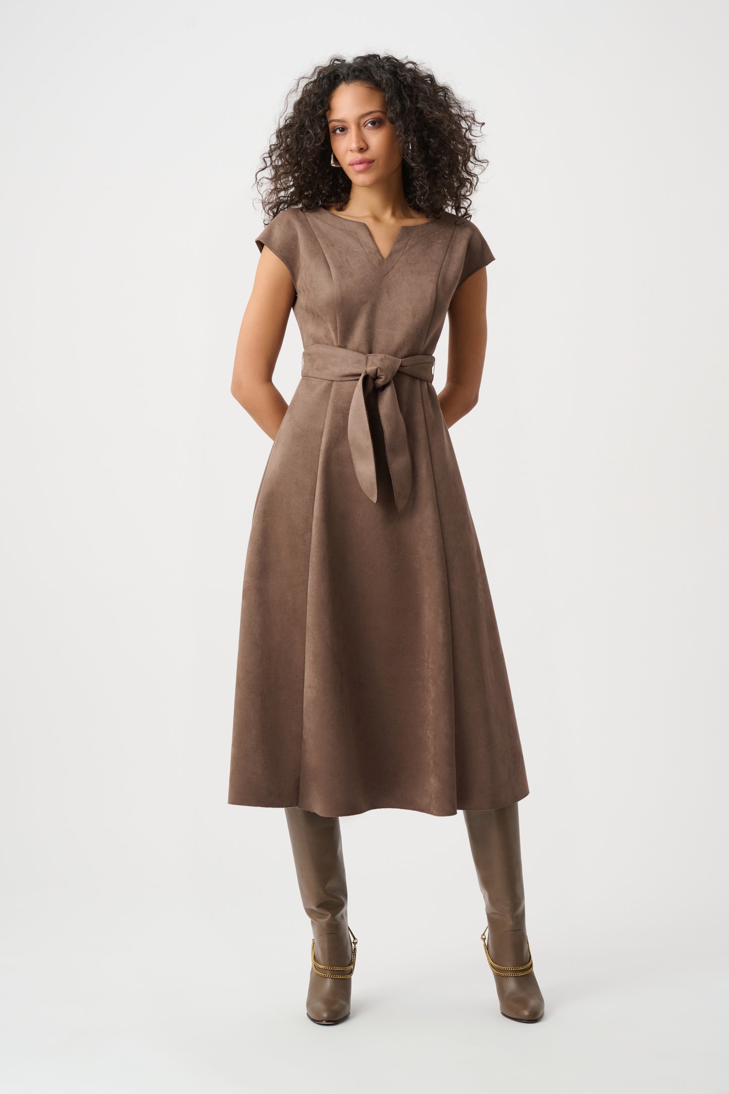 Joseph Ribkoff Scuba Suede Fit-and-Flare Dress Mink 263105