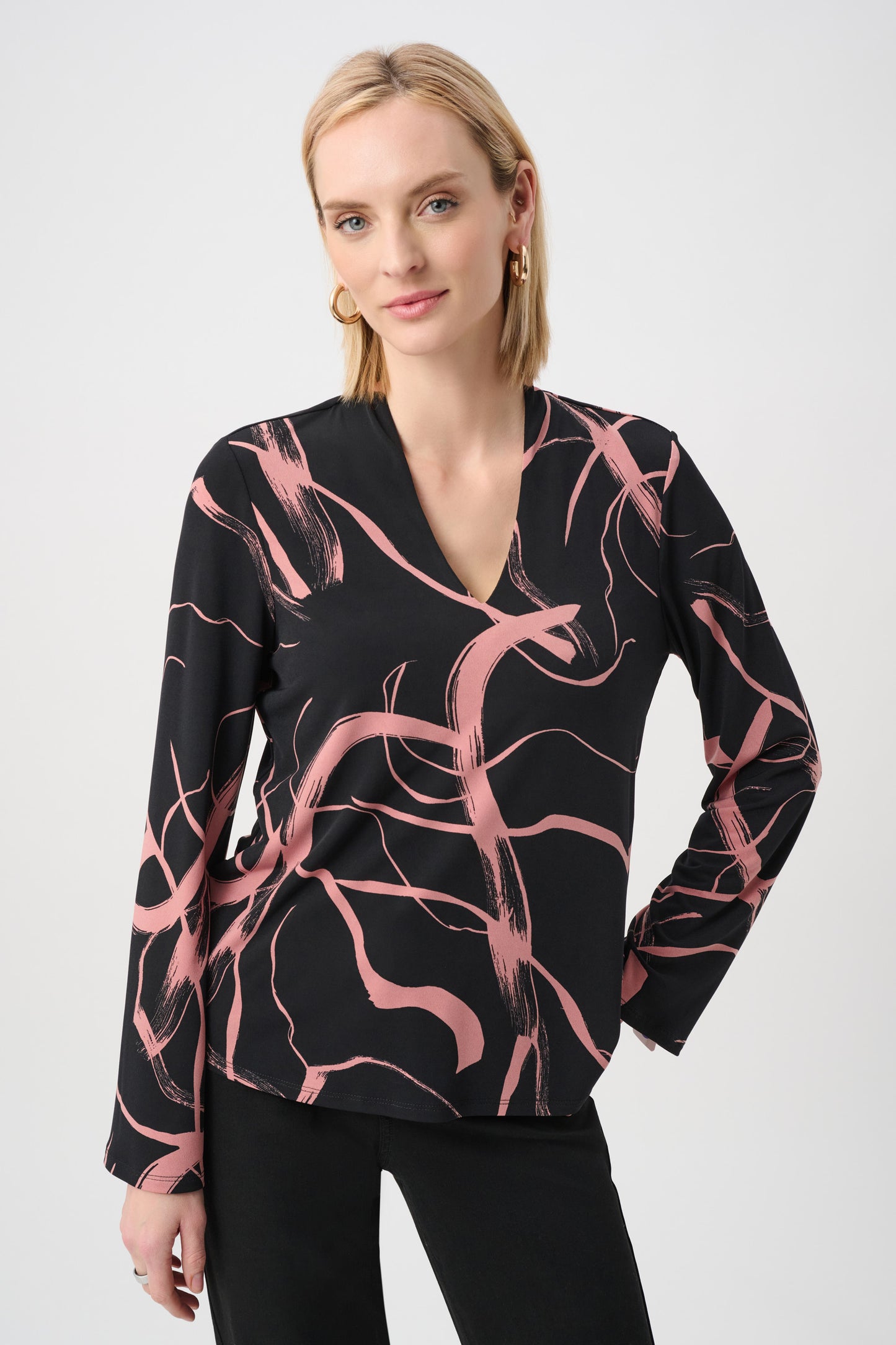 Joseph Ribkoff Silky Knit Abstract Print Straight Top Black/Pink 263166