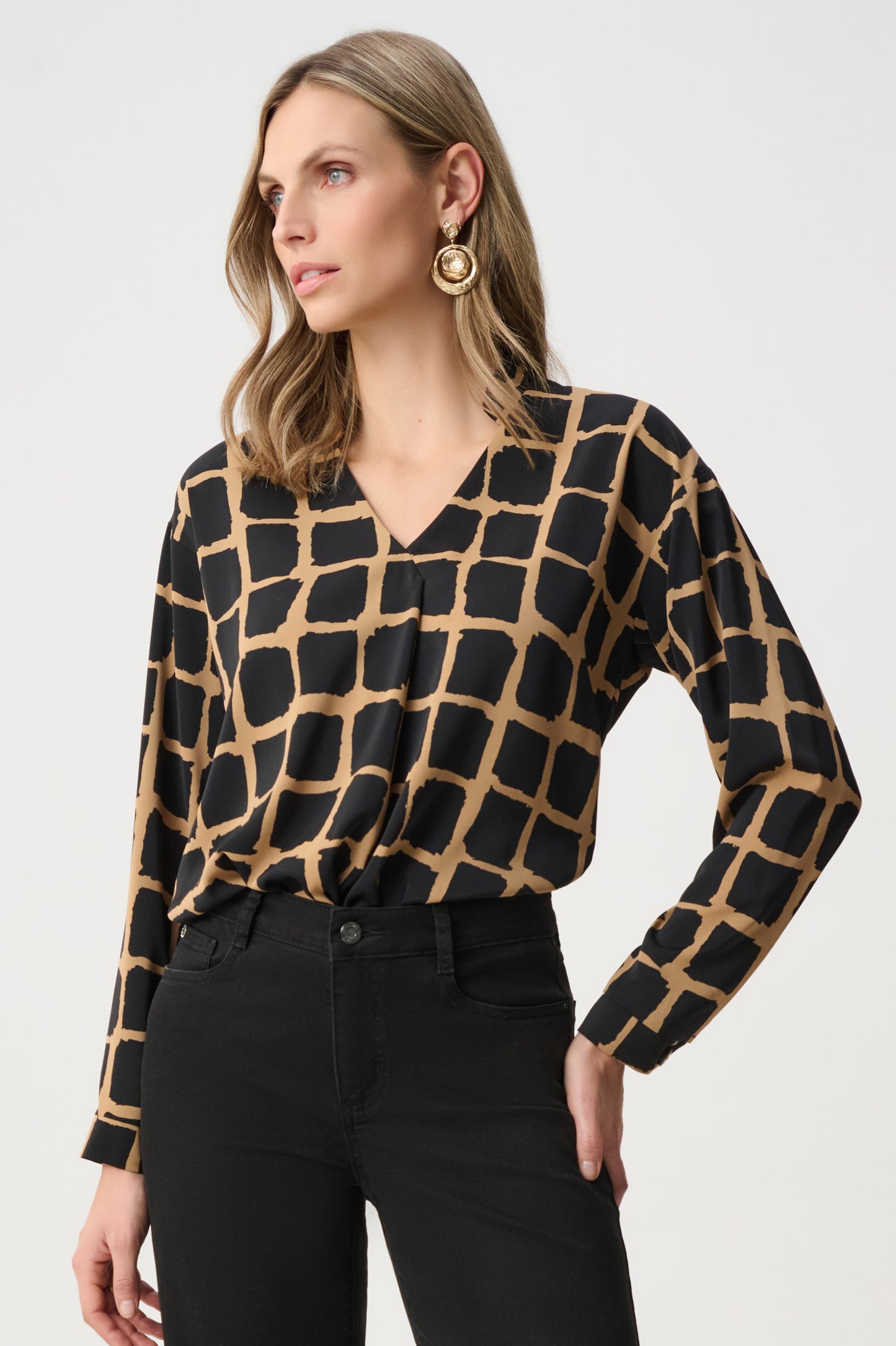 Joseph Ribkoff Recycled Woven Abstract Print Boxy Top Beige/Black 263169