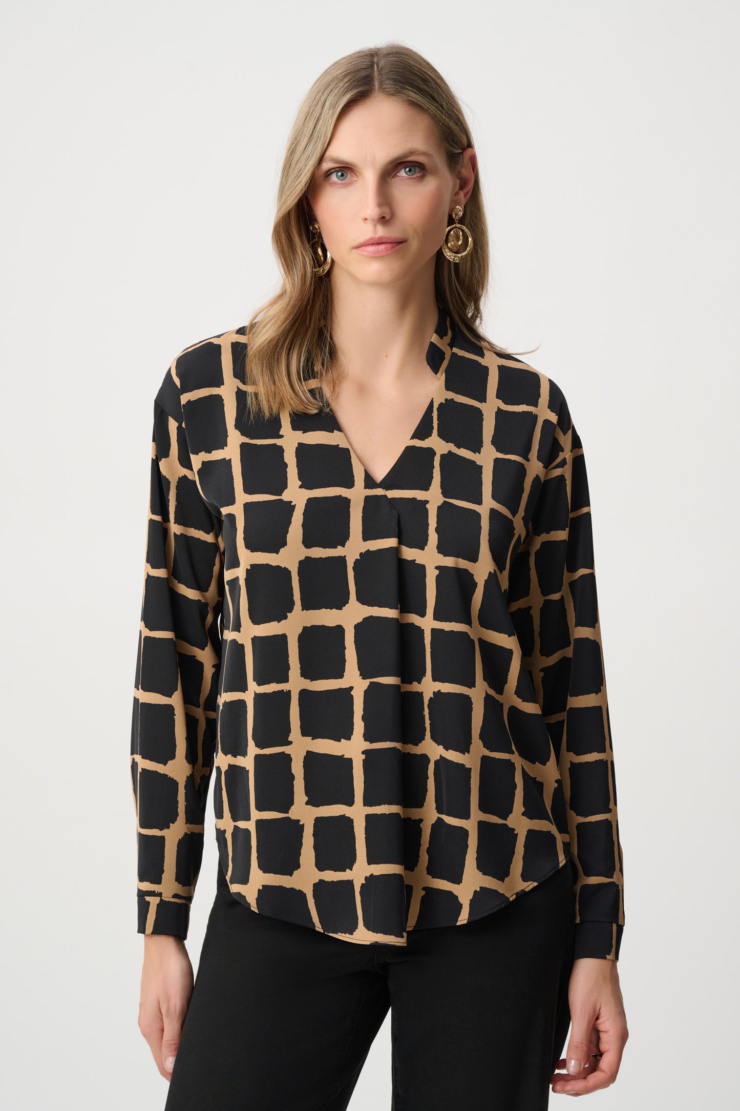 Joseph Ribkoff Recycled Woven Abstract Print Boxy Top Beige/Black 263169