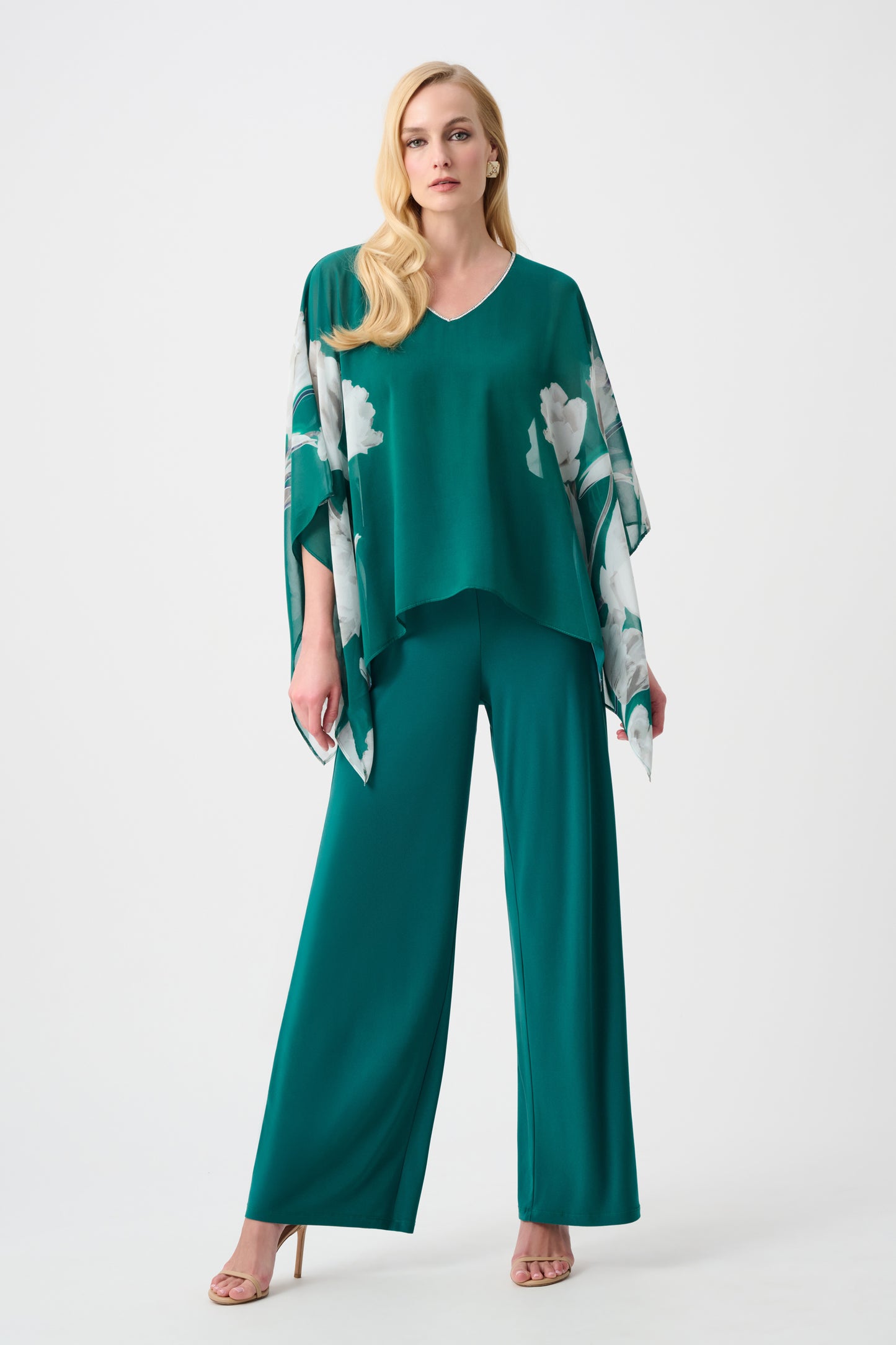 Joseph Ribkoff Signature Recycled Two Piece Chiffon Floral Print Poncho & Trouser Green/Multi 263730/221340