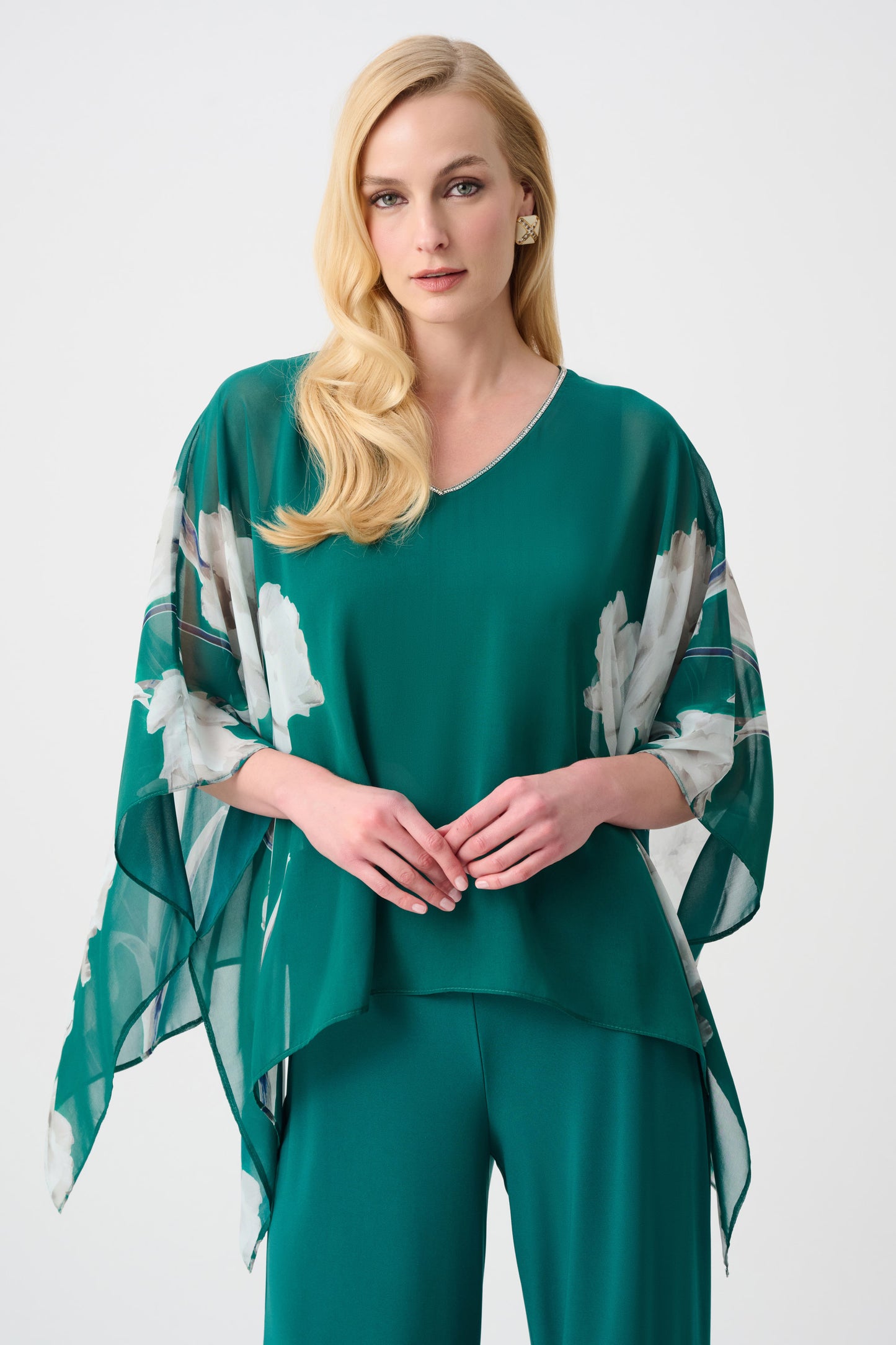 Joseph Ribkoff Signature Recycled Two Piece Chiffon Floral Print Poncho & Trouser Green/Multi 263730/221340