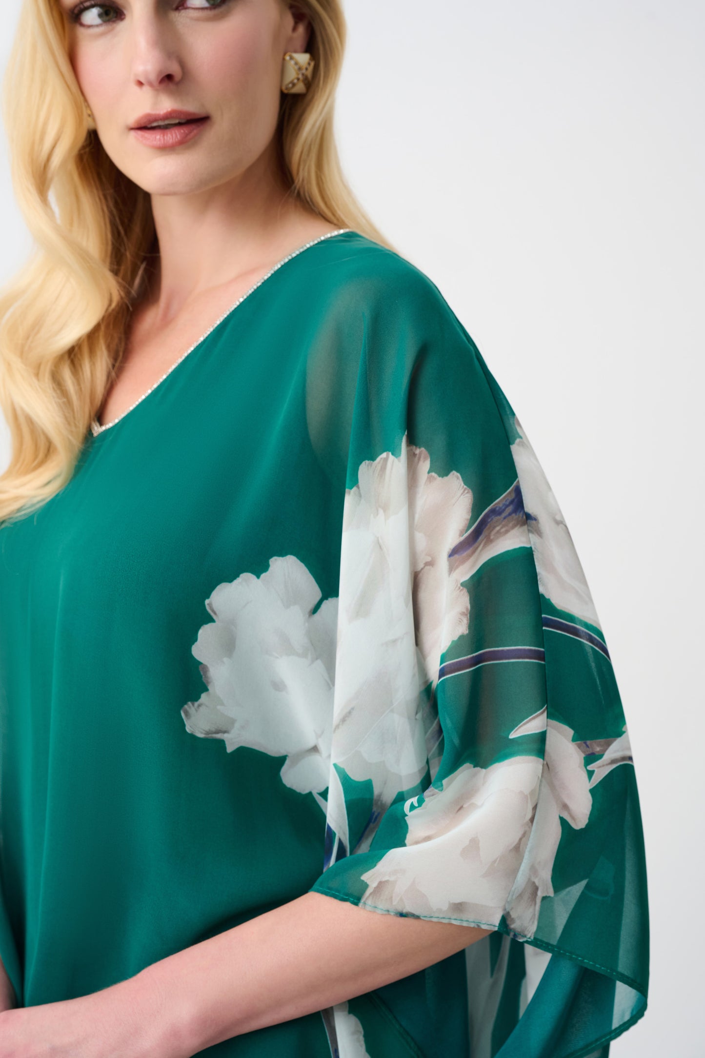 Joseph Ribkoff Signature Recycled Two Piece Chiffon Floral Print Poncho & Trouser Green/Multi 263730/221340