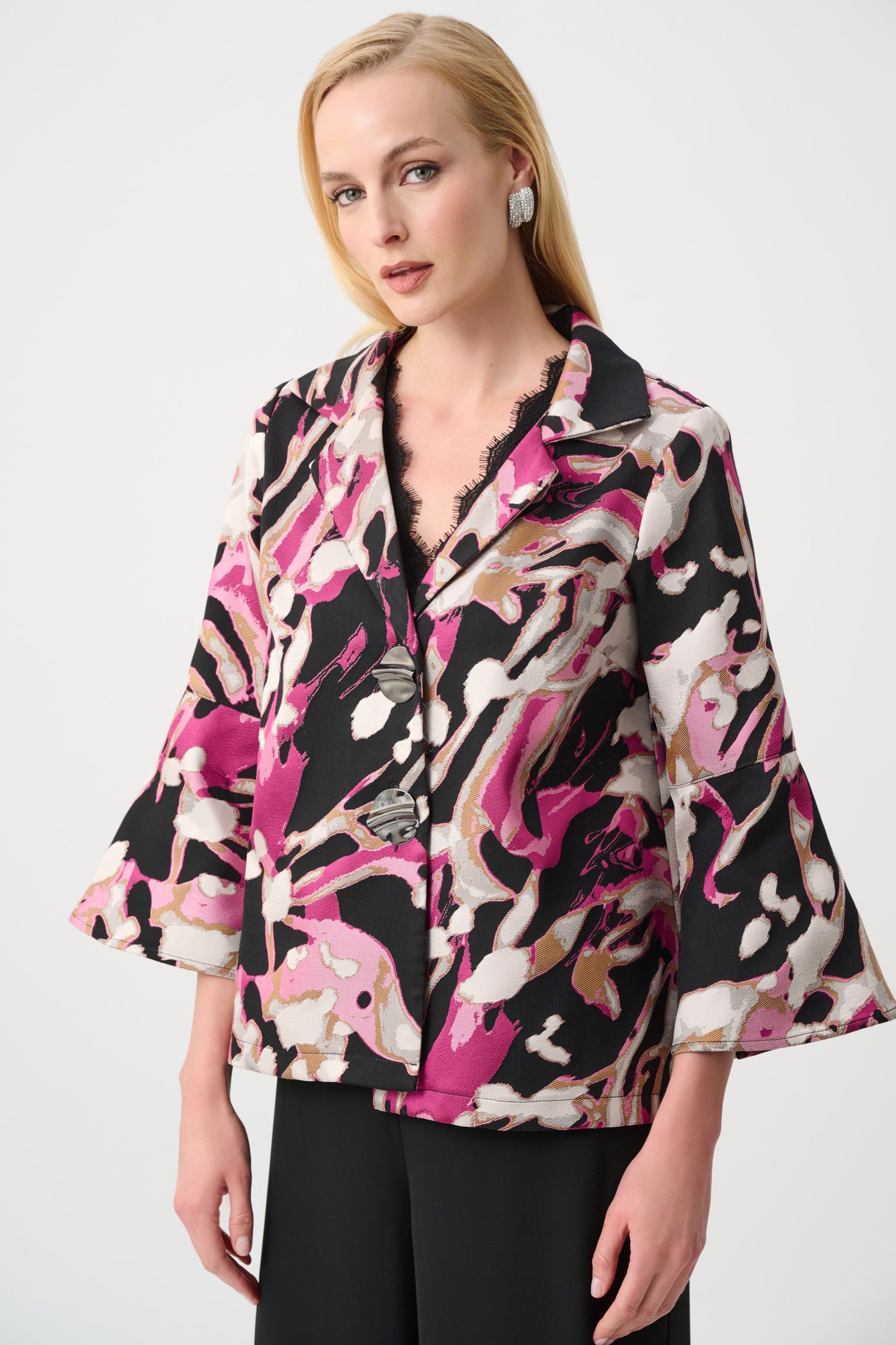 Joseph Ribkoff Signature | Jacquard Abstract Print Trapeze Jacket Black/Multi 263759