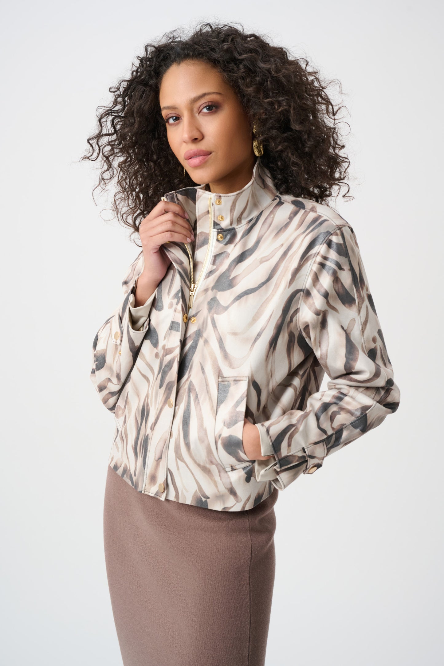 Joseph Ribkoff Foiled Faux Suede Animal Print Jacket Beige/Multi 263944