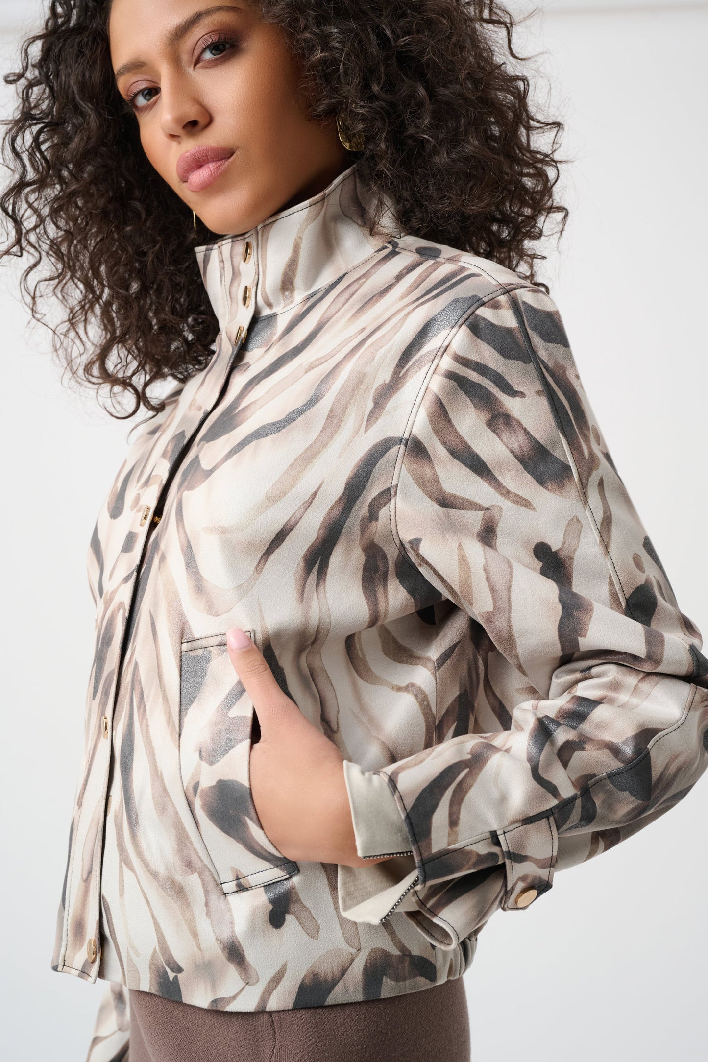 Joseph Ribkoff Foiled Faux Suede Animal Print Jacket Beige/Multi 263944