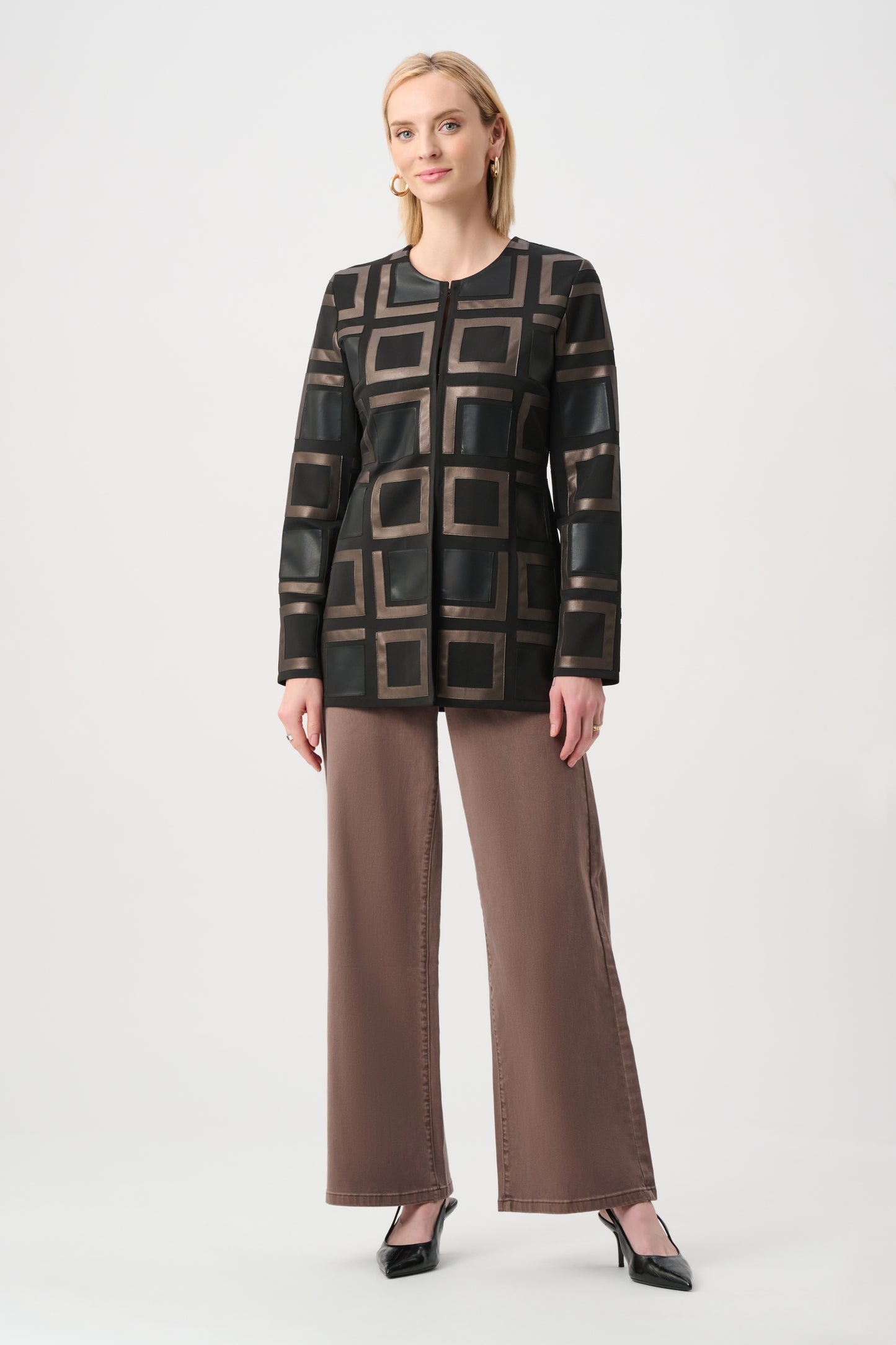 Joseph Ribkoff Leatherette and Scuba Collarless Two-Tone Jacket Black/Multi 263963