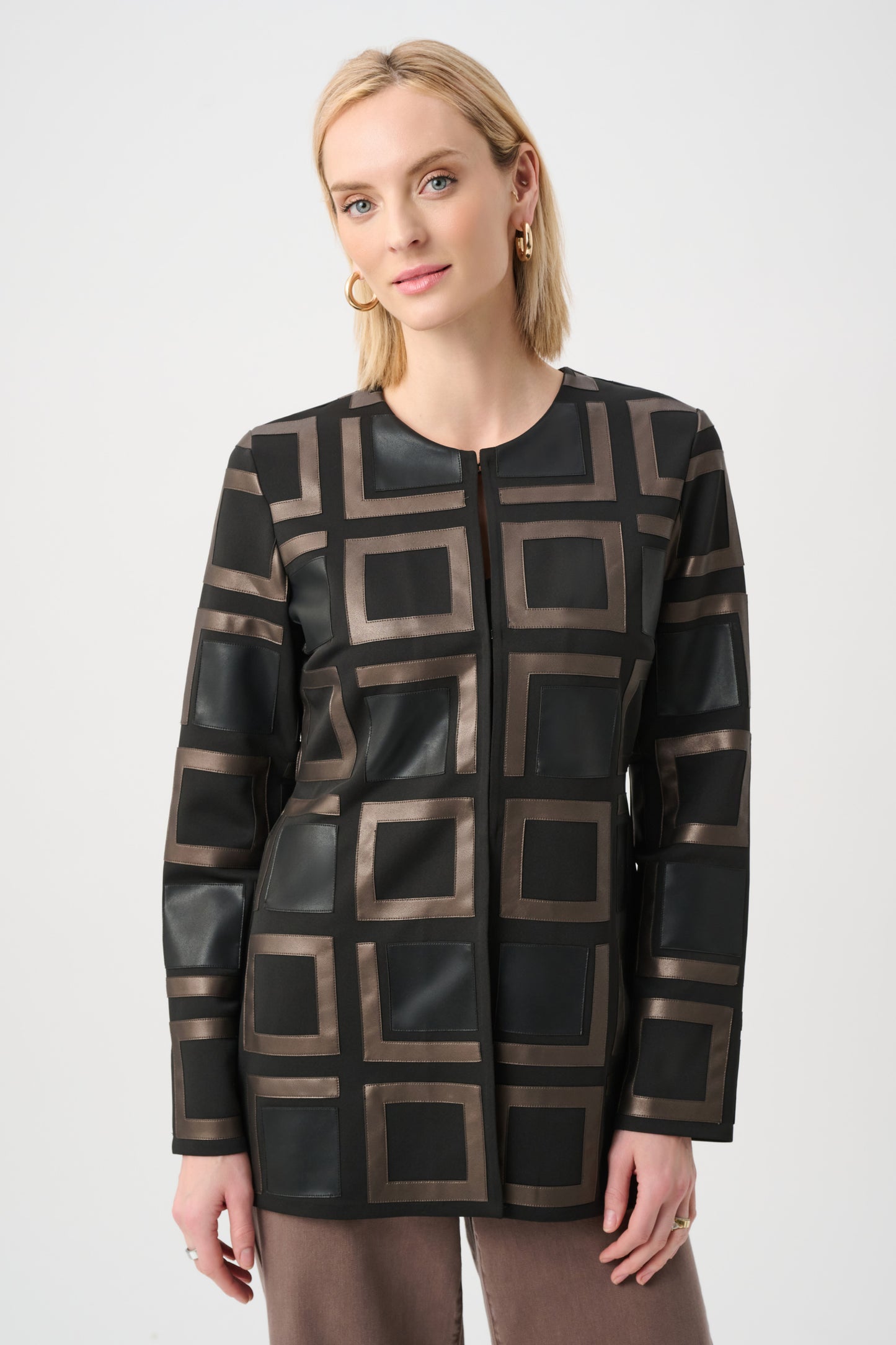 Joseph Ribkoff Leatherette and Scuba Collarless Two-Tone Jacket Black/Multi 263963