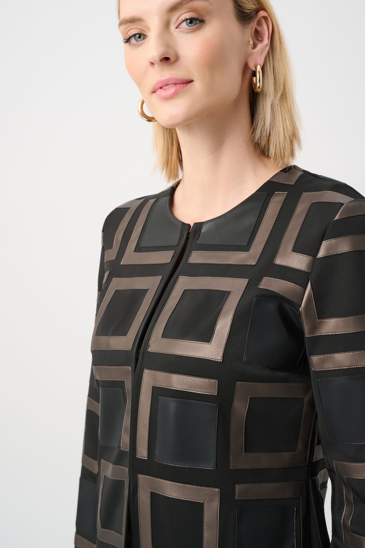 Joseph Ribkoff Leatherette and Scuba Collarless Two-Tone Jacket Black/Multi 263963