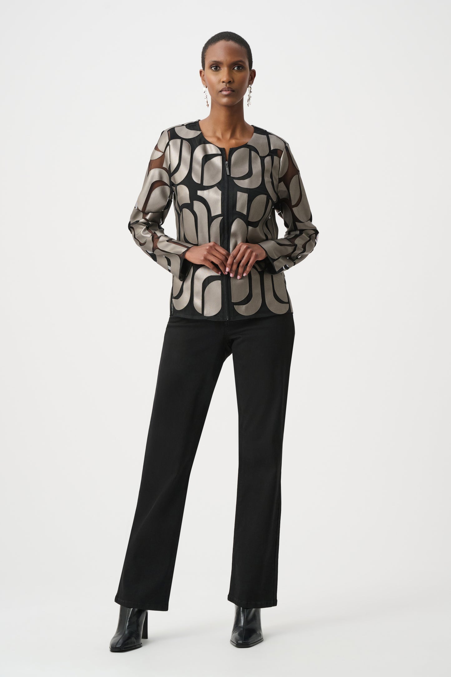 Joseph Ribkoff Leatherette And Mesh Embroidered Jacket Gunmetal/Black 263964