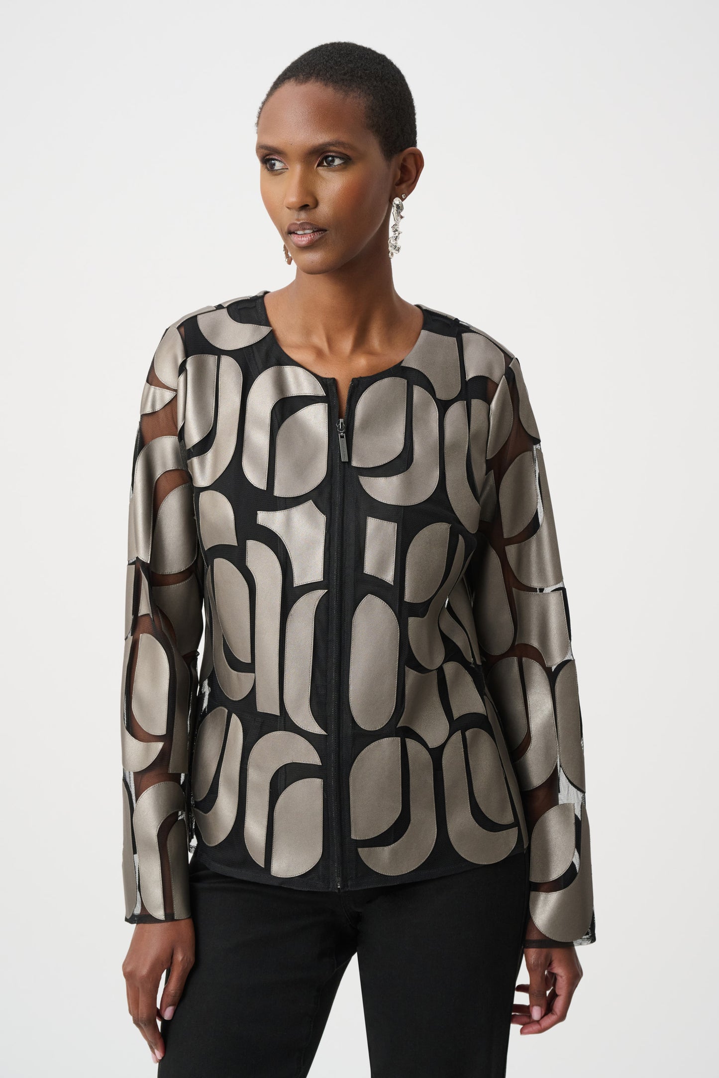 Joseph Ribkoff Leatherette And Mesh Embroidered Jacket Gunmetal/Black 263964