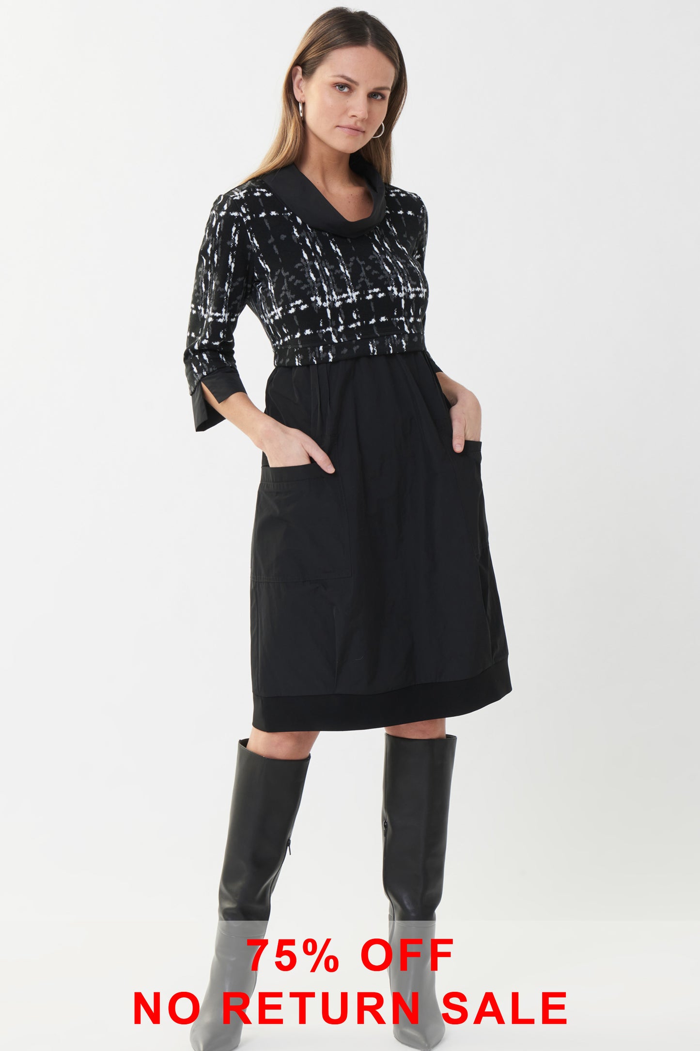 Joseph Ribkoff Checked Cowl Neck Dress Black/White 223232-1874