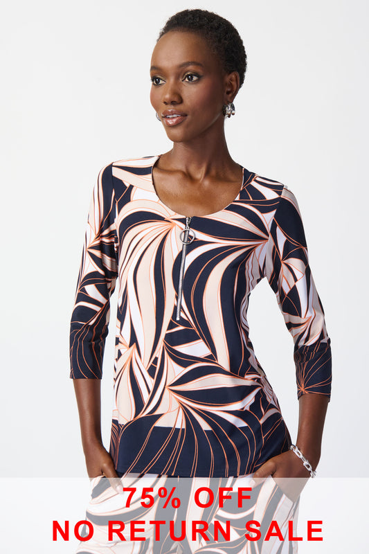 Joseph Ribkoff Tropical Print Silky Knit High Low Top Midnight Blue 241143-3316
