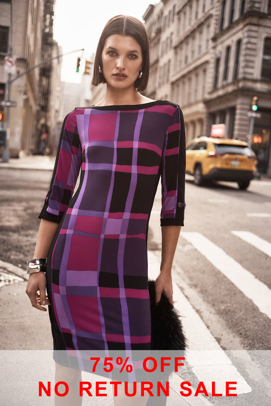 Joseph Ribkoff Silky Knit Plaid Print Sheath Dress Purple/Black 243301-333