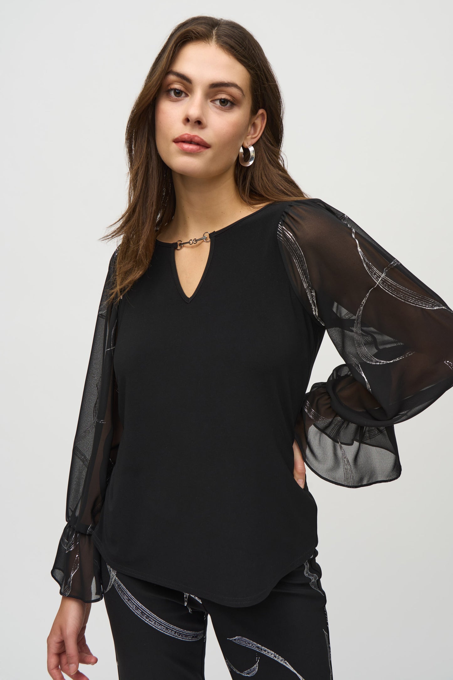 Joseph Ribkoff Silky Knit Top With Foiled Chiffon Sleeves Black/Silver 244090-196