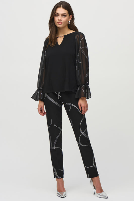Joseph Ribkoff Silky Knit Top With Foiled Chiffon Sleeves Black/Silver 244090-196