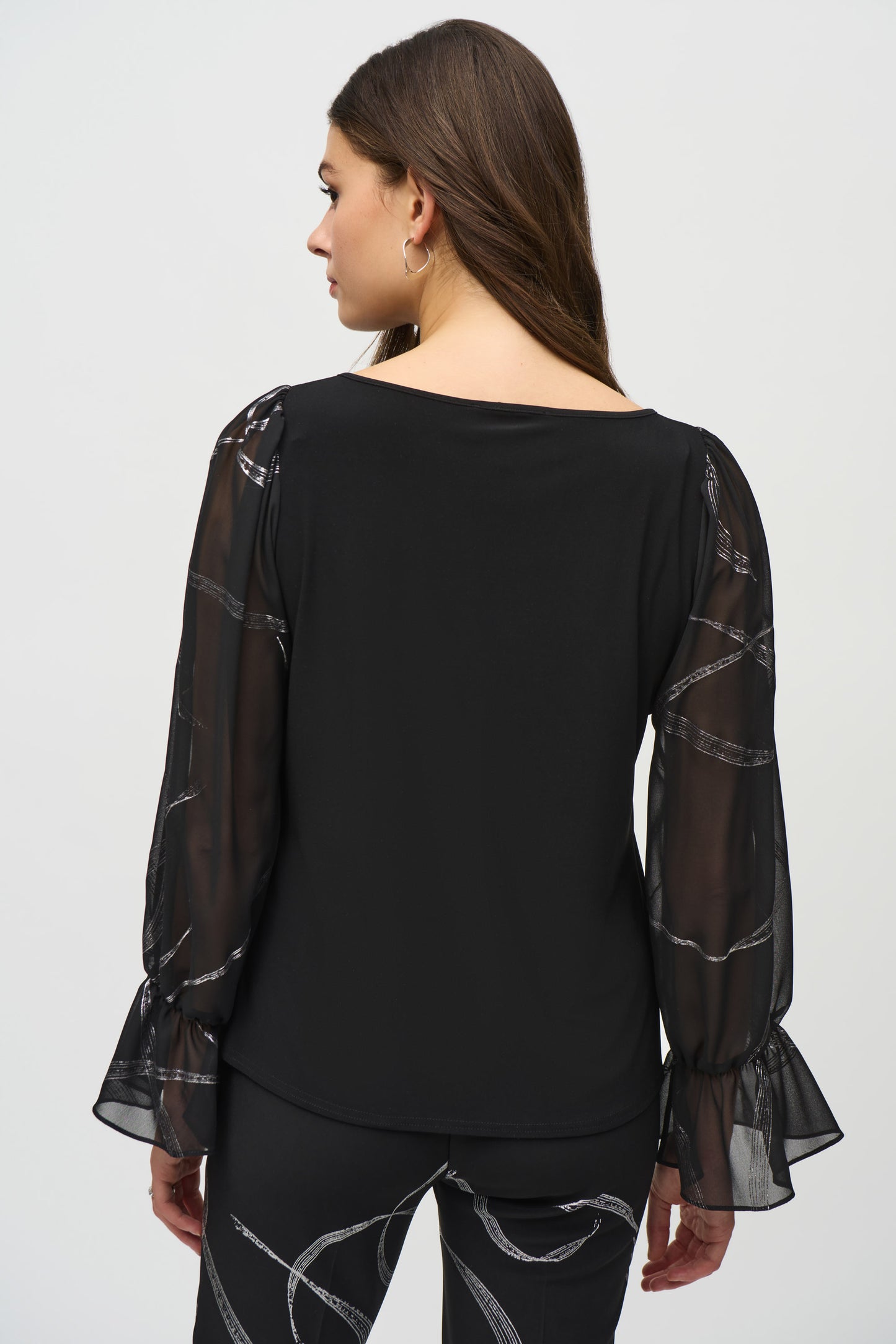 Joseph Ribkoff Silky Knit Top With Foiled Chiffon Sleeves Black/Silver 244090-196