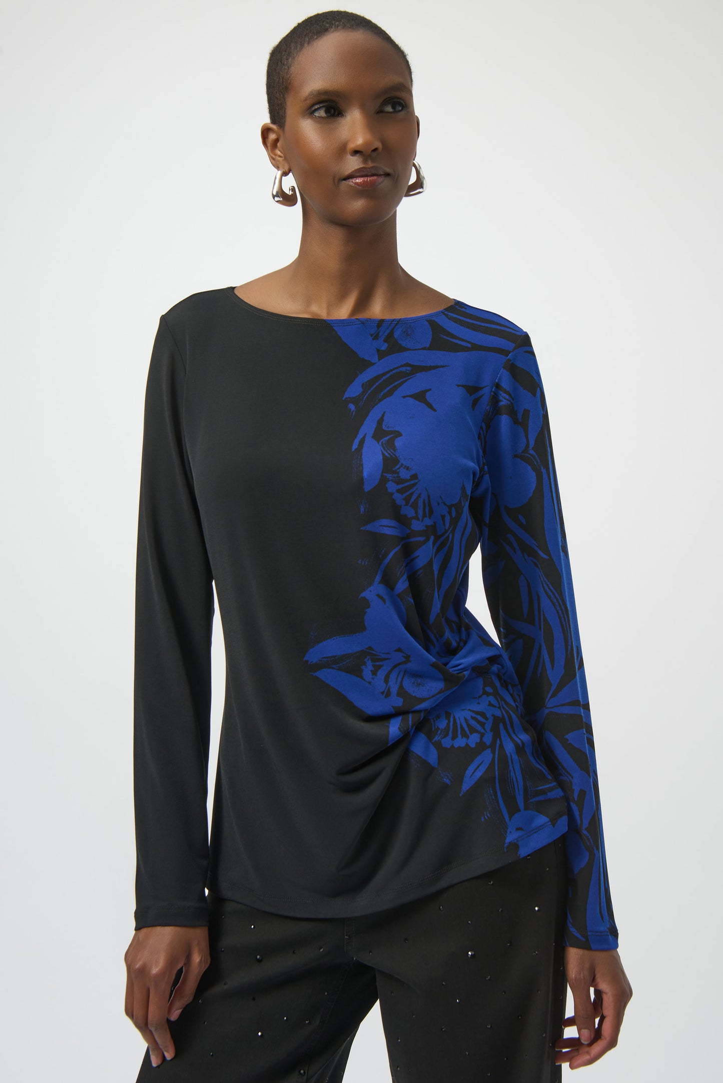 Joseph Ribkoff Silky Knit Floral Print Straight Top Black/Royal 254159-2932