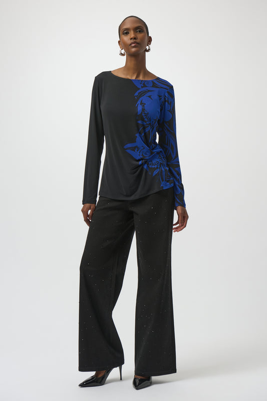 Joseph Ribkoff Silky Knit Floral Print Straight Top Black/Royal 254159-2932