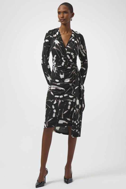 Joseph Ribkoff Foiled Silky Knit Abstract Print Wrap Dress Black/Multi 254190-178