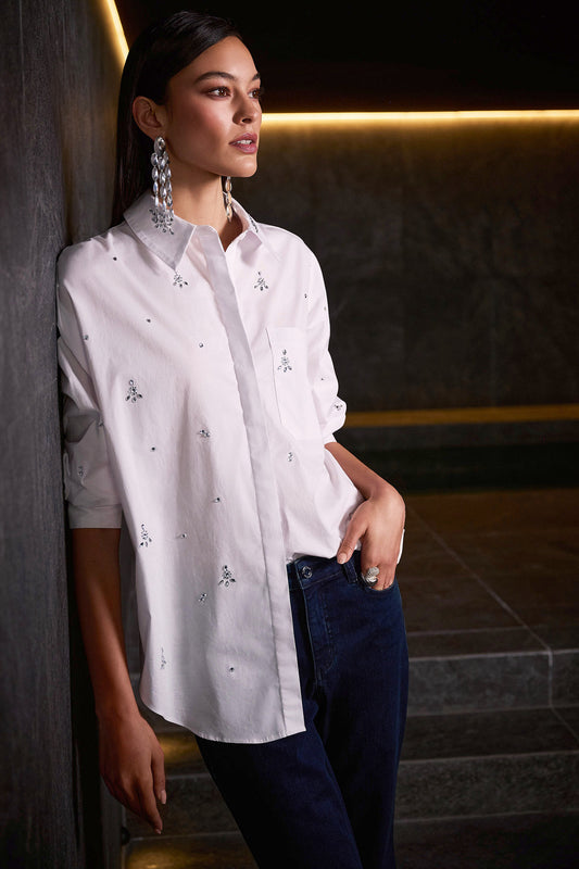 Stretch Poplin Boxy Blouse with Rhinestones White 254924-12