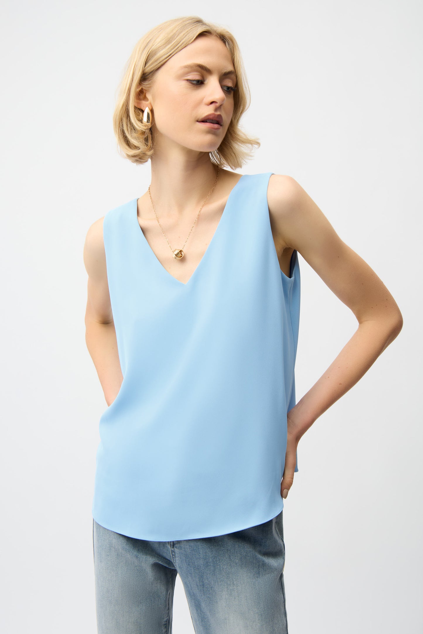 Joseph Ribkoff Woven Twill Sleeveless Straight Top With V-neckline Sky Blue 261248-4473