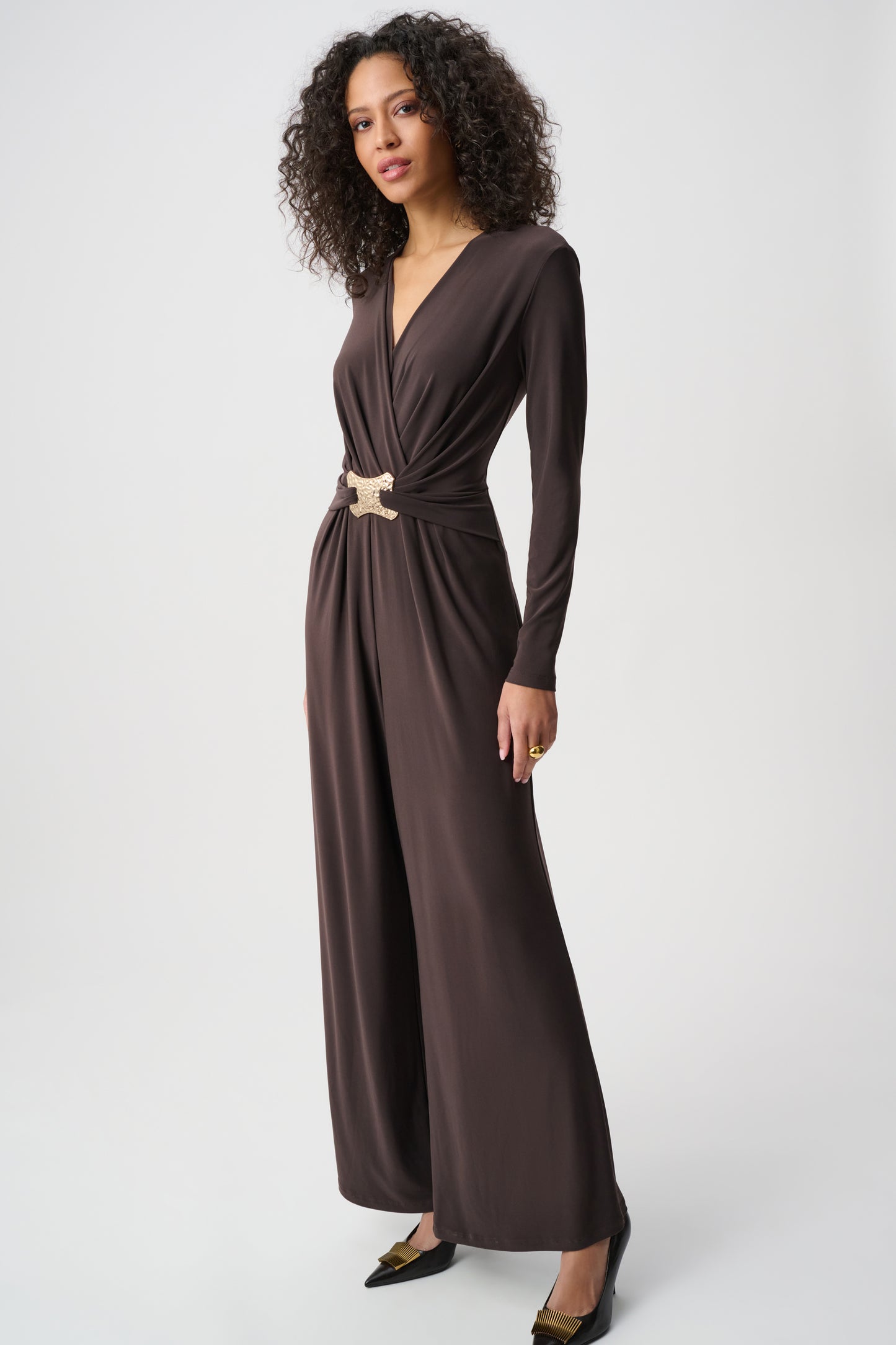 Joseph Ribkoff Silky Knit Wide-Leg Wrap Jumpsuit Mocha 263005