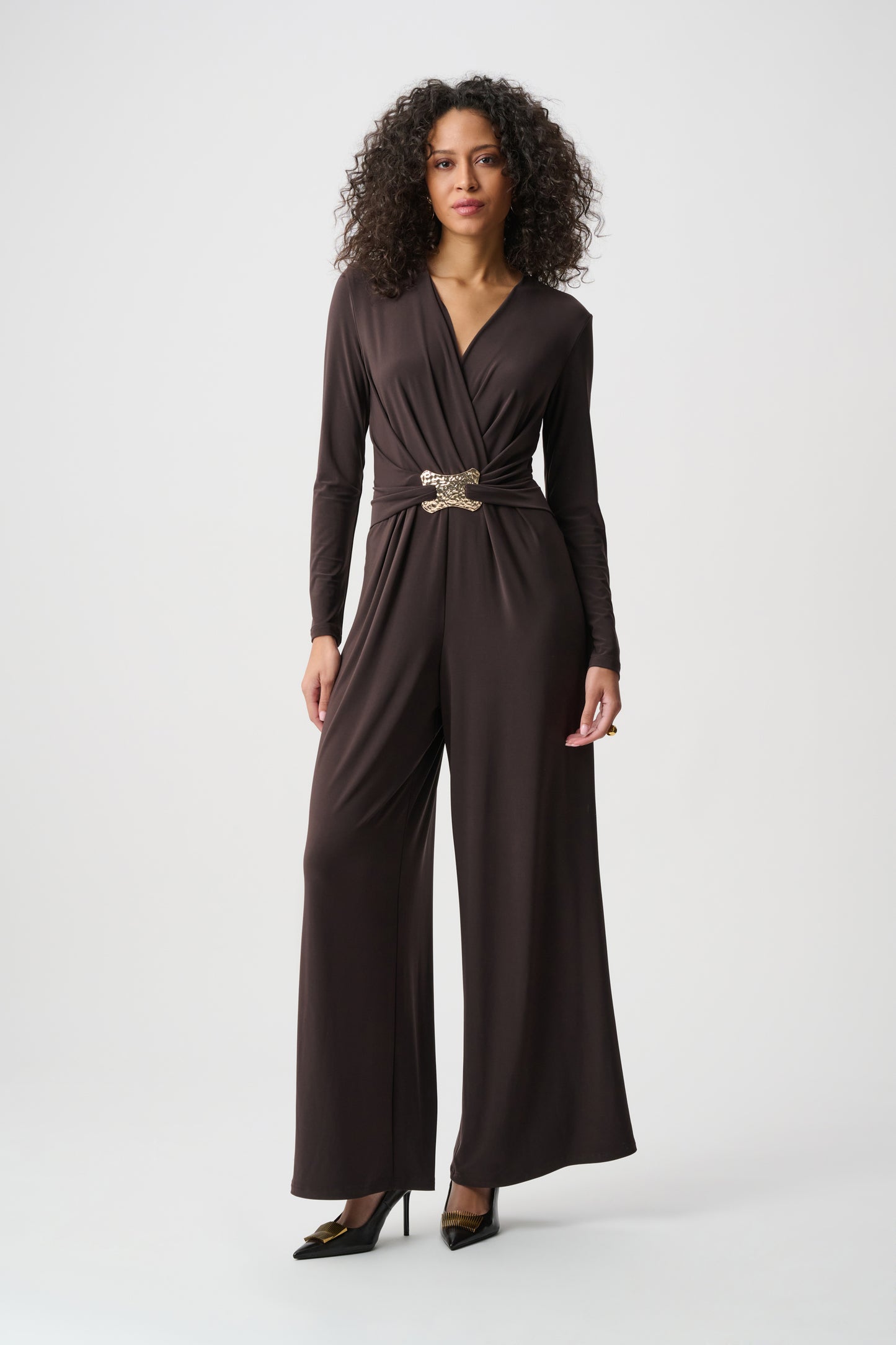 Joseph Ribkoff Silky Knit Wide-Leg Wrap Jumpsuit Mocha 263005