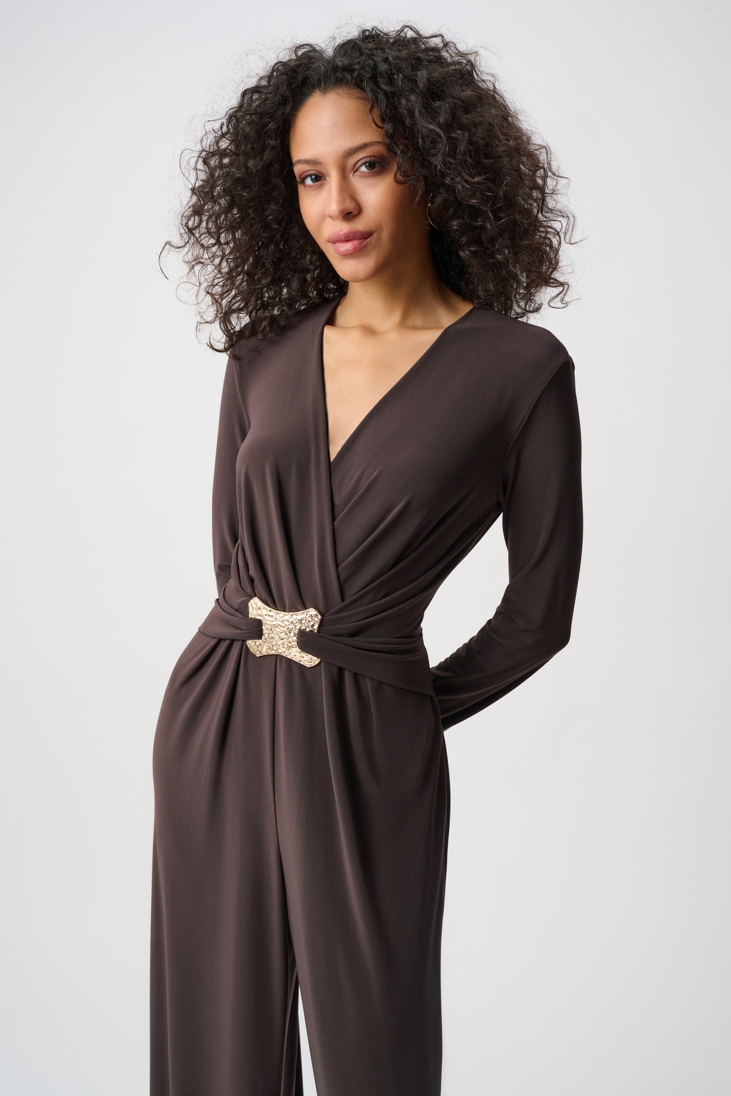 Joseph Ribkoff Silky Knit Wide-Leg Wrap Jumpsuit Mocha 263005