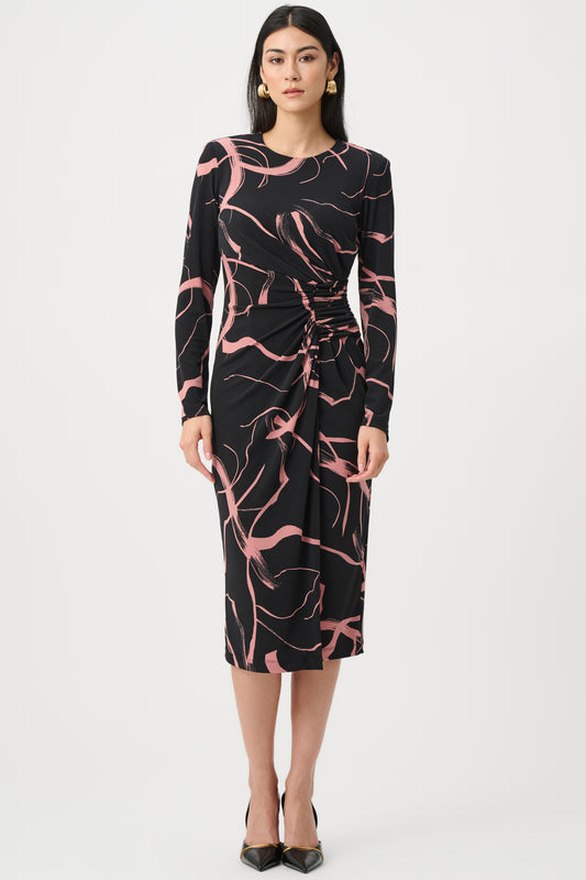 Joseph Ribkoff Silky Knit Printed Wrap Dress Black/Pink 263218-435