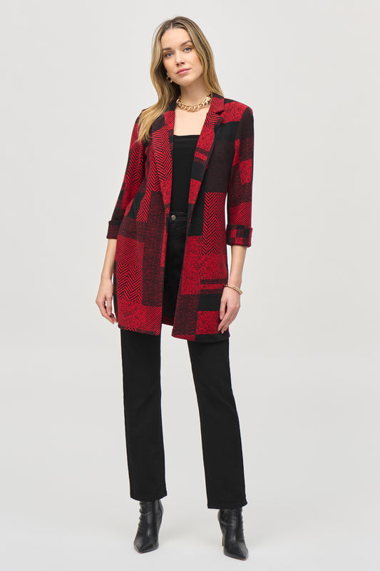 Joseph Ribkoff Sweater Knit Patchwork Print Long Blazer Black/Red 243309-250