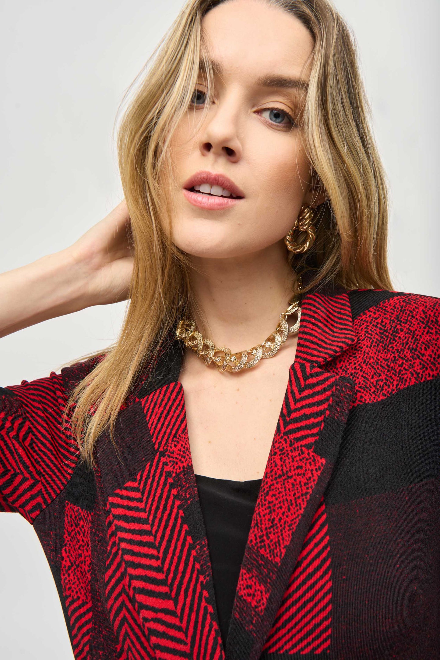 Joseph Ribkoff Sweater Knit Patchwork Print Long Blazer Black/Red 243309-250