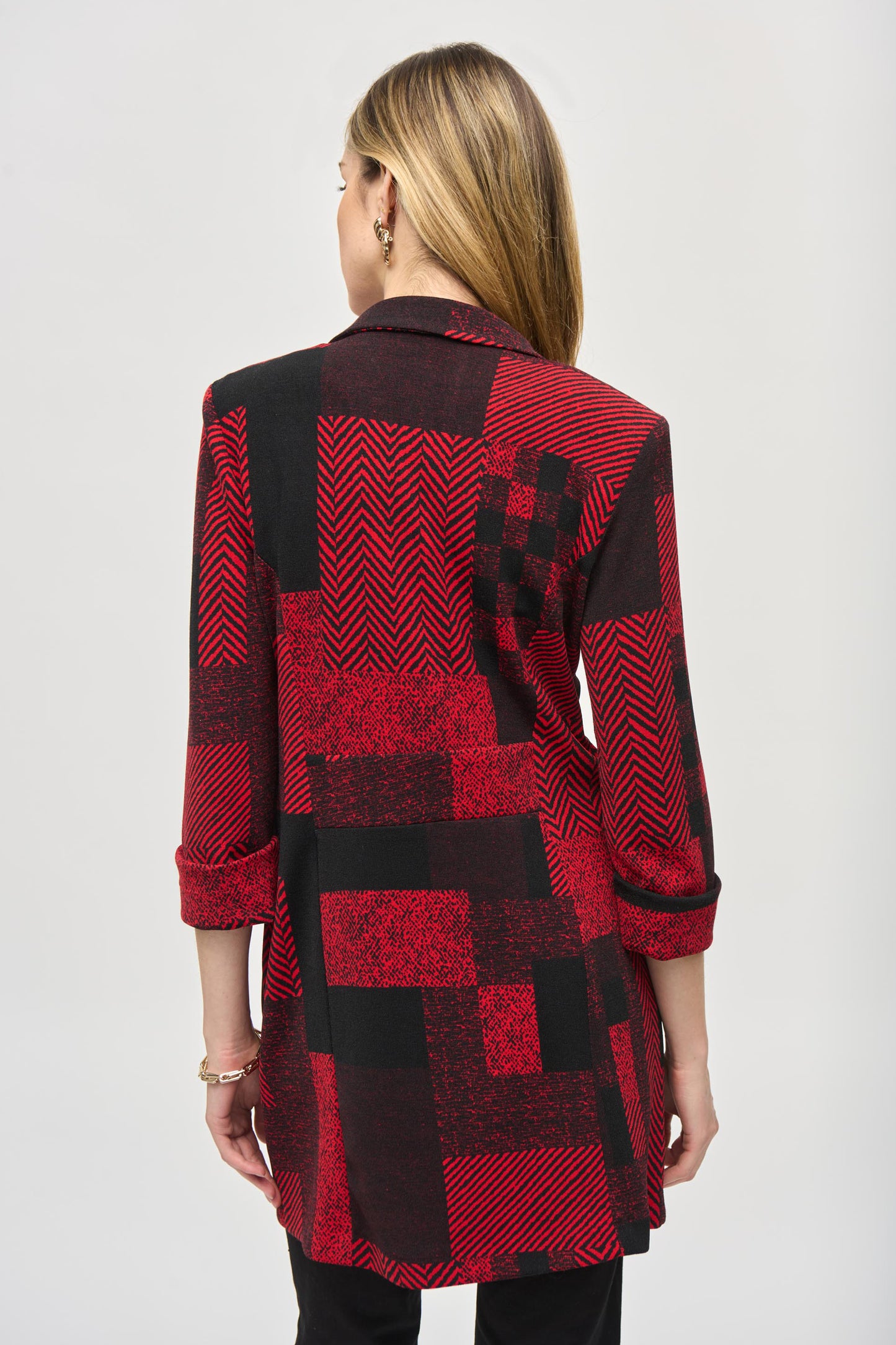 Joseph Ribkoff Sweater Knit Patchwork Print Long Blazer Black/Red 243309-250