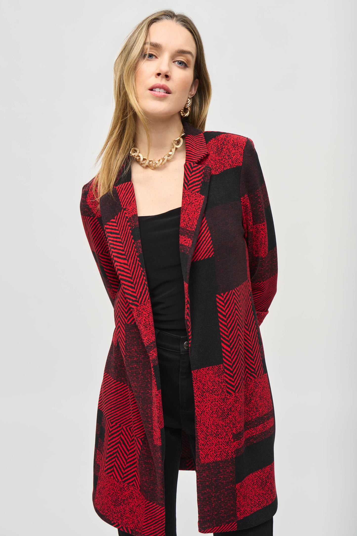 Joseph Ribkoff Sweater Knit Patchwork Print Long Blazer Black/Red 243309-250
