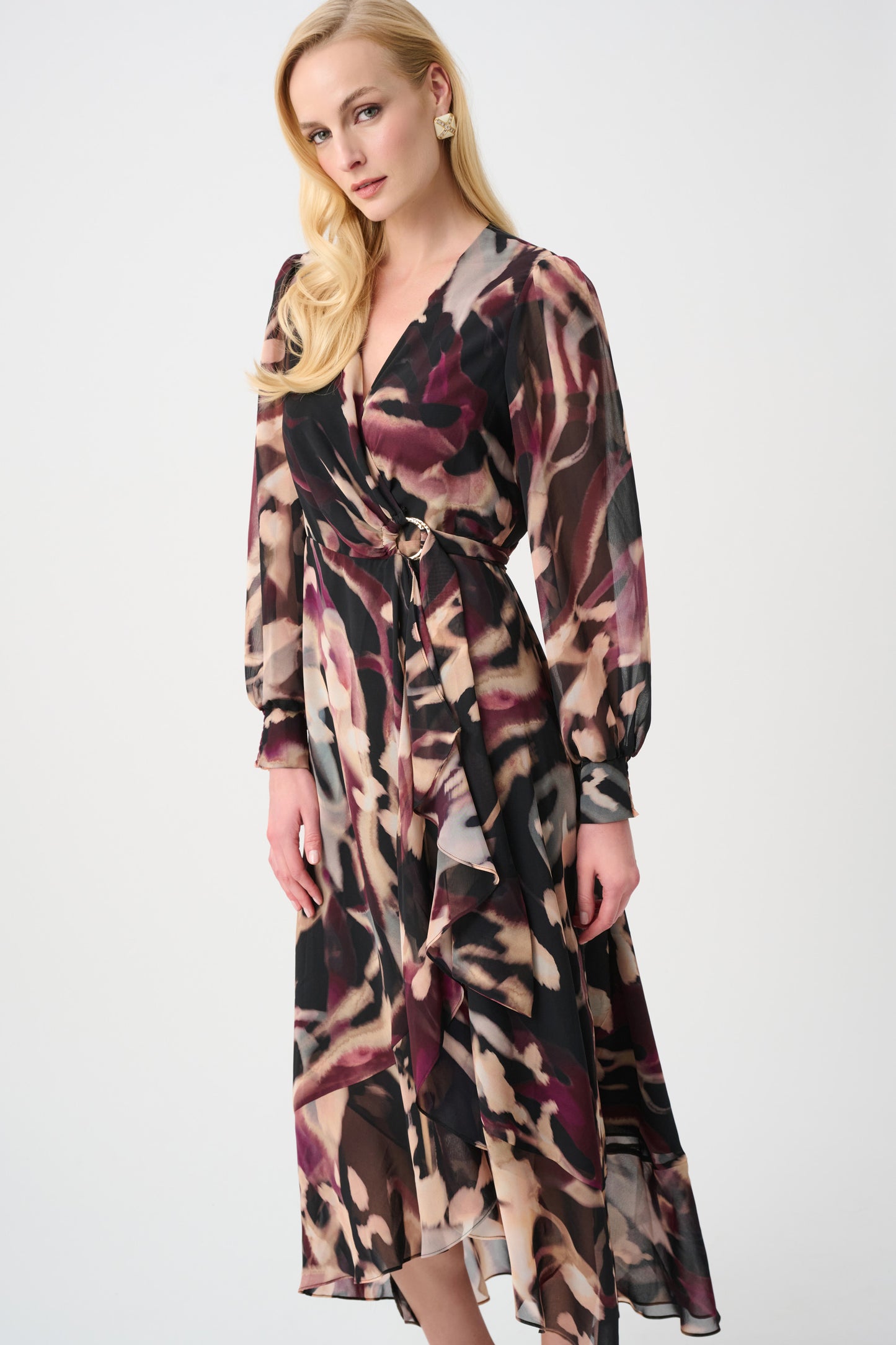 Joseph Ribkoff Chiffon Printed Fit and Flare Wrap Dress Black/Multi 263739