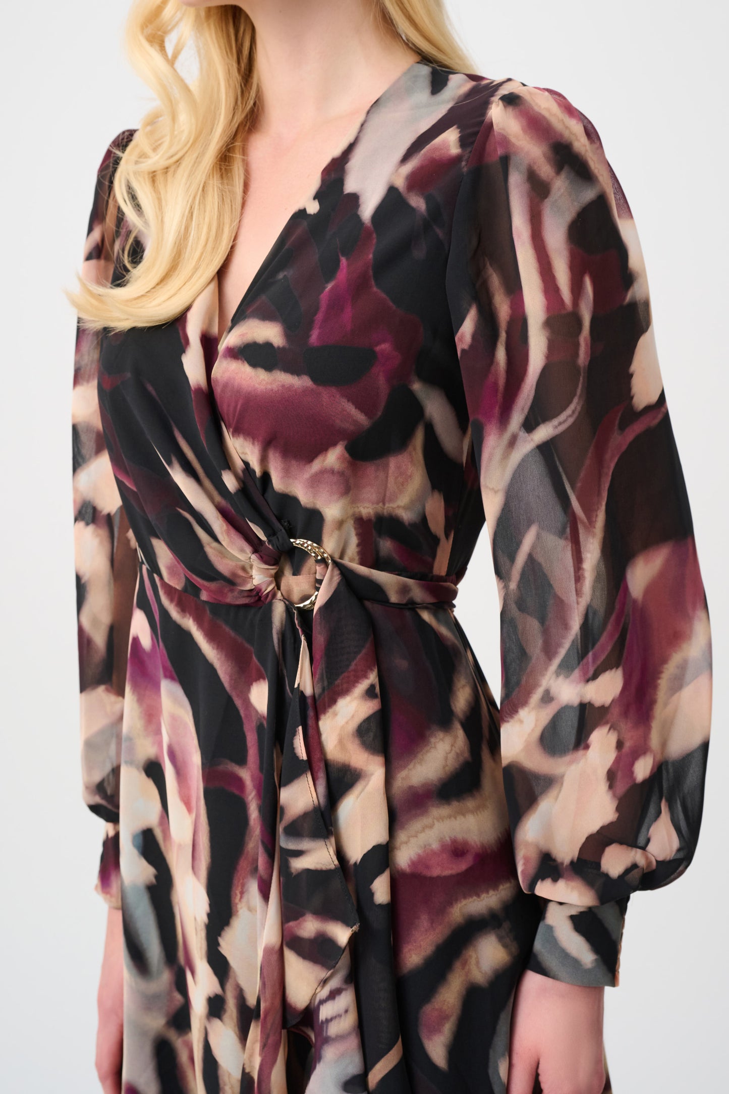 Joseph Ribkoff Chiffon Printed Fit and Flare Wrap Dress Black/Multi 263739